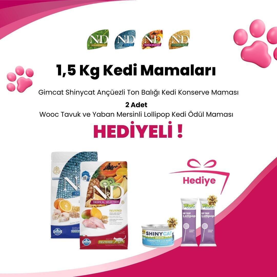 N&D 1,5 Kg Kedi Mamalarına 2 Adet Wooc Tavuk ve Yaban Mersinli Lollipop Kedi Ödül Maması ve Gimcat Shinycat Sos İçinde Ançüezli Ton Balığı Kedi Konserve Maması 70 Gr Hediye 