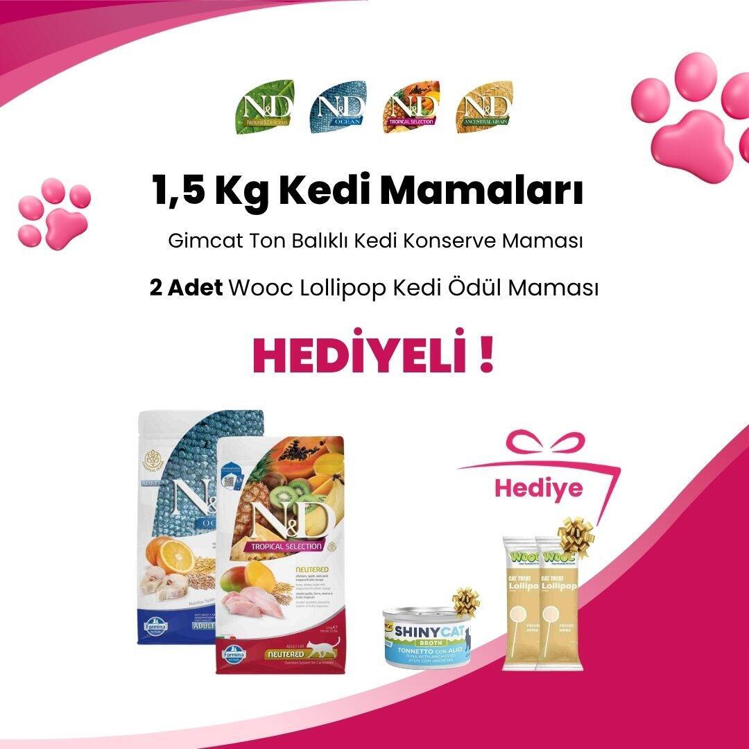 N&D 1,5 Kg Kedi Mamalarına 5 Adet Wooc Tavuk ve Yaban Mersinli Lollipop Kedi Ödül Maması Hediye
