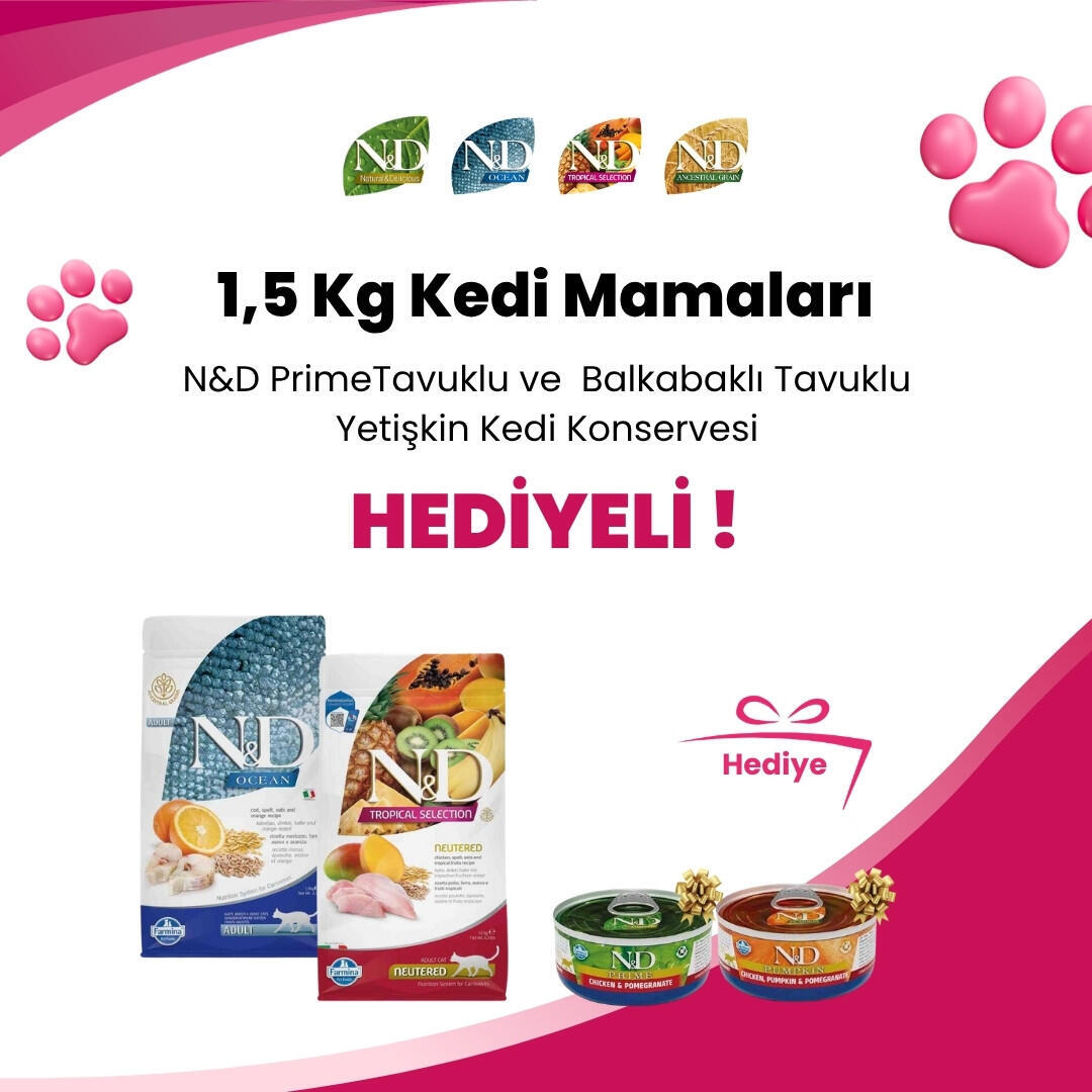 N&D 1,5 Kg Kedi Mamalarına Garden Mix Kuzulu Sushi Kedi Ödülü 60 gr ve Gimcat Malt Soft Extra 20 gr Hediye