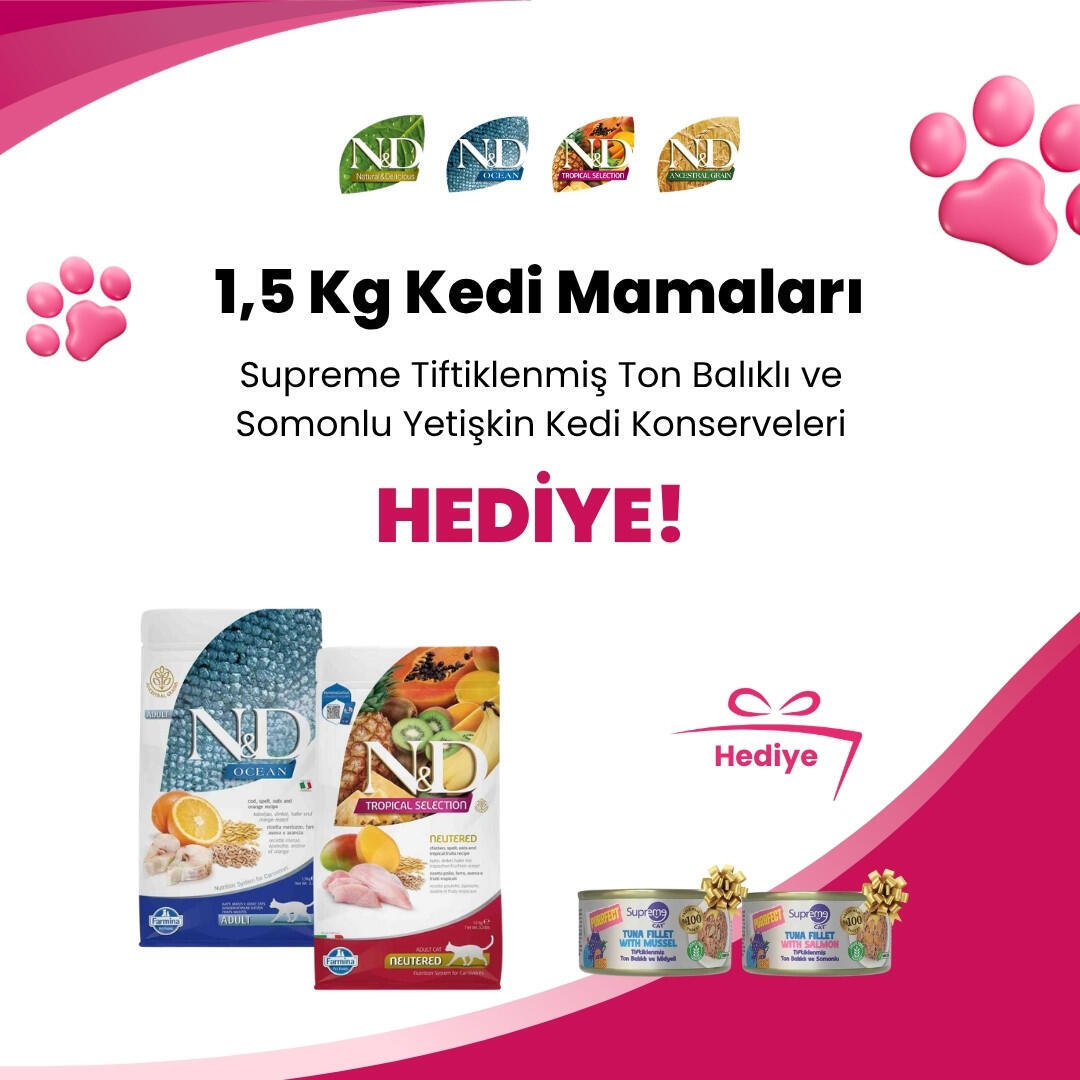 N&D 1,5 Kg Kedi Mamalarına Supreme Cat Purrfect Tiftiklenmiş Ton Balıklı ve Midyeli Yetişkin Kedi Konservesi 70 gr ve Supreme Cat Purrfect Tiftiklenmiş Ton Balıklı ve Somonlu Yetişkin Kedi Konservesi 70 gr Hediye