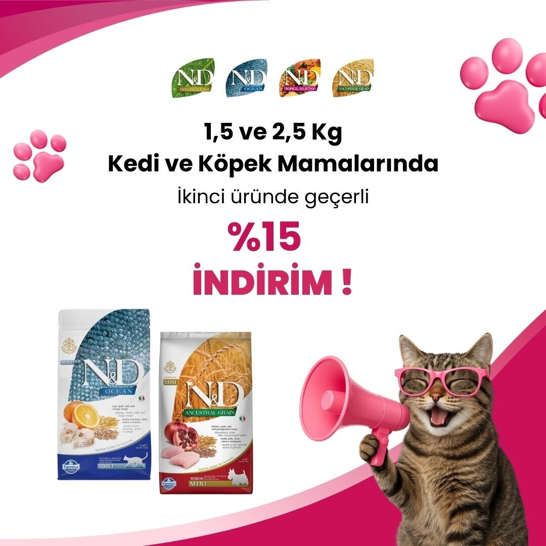 N&D 1,5 ve 2,5 Kg Kedi ve Köpek Mamalarına 2. Ürüne %15 İndirim