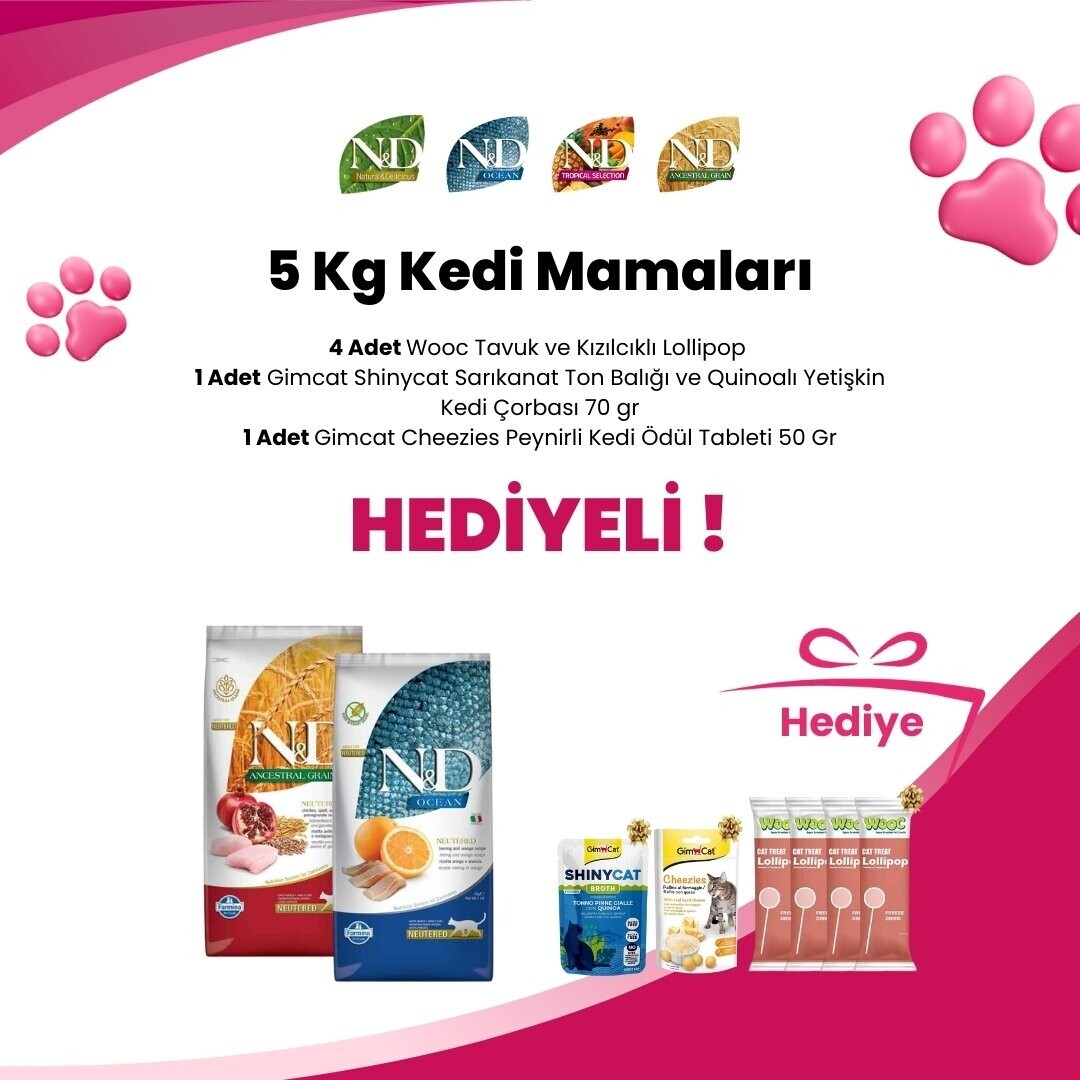 N&D 5 Kg Kedi Mamalarına Supreme Cat Kıyılmış Tavuk ve Ton Balıklı Kedi Konservesi 85 gr ve Supreme Cat Kıyılmış Tavuk ve Uskumru Kedi Konservesi 85 gr Hediye