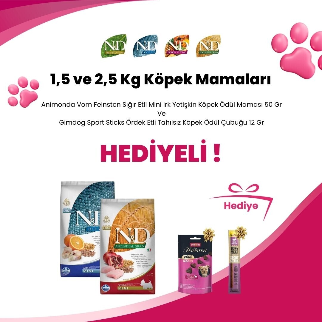 N&D 1,5 ve 2,5 Kg Köpek Mamalarına Animonda Vom Feinsten Sığır Etli Mini Irk Yetişkin Köpek Ödül Maması 50 Gr ve Gimdog Sport Sticks Ördek Etli Tahılsız Köpek Ödül Çubuğu 12 Gr Hediye