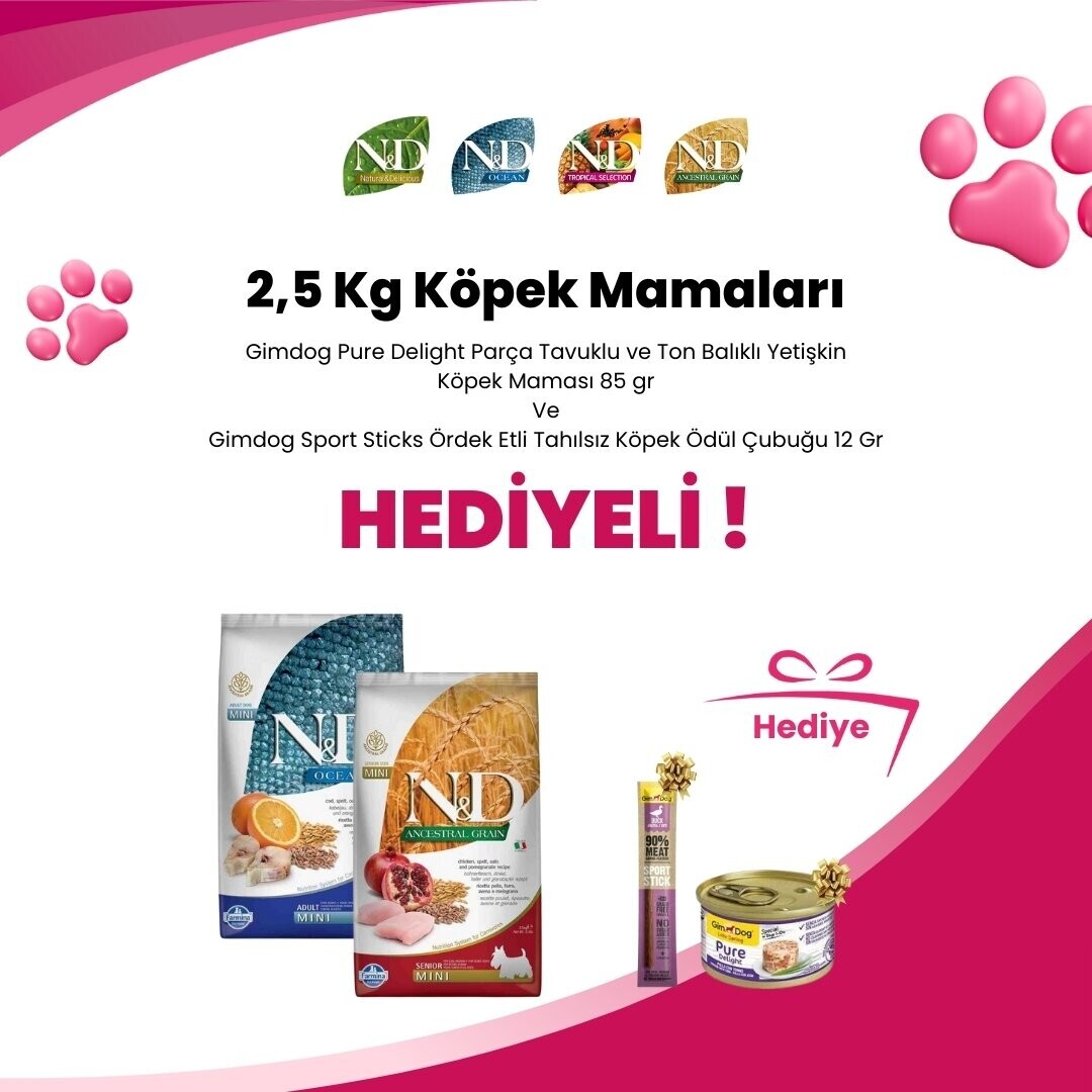 N&D 2,5 Kg Köpek Mamalarına Gimdog Mordimi Beyaz Köpek Çiğneme Kemiği 11 cm 2'li 70 gr ve Gimdog Sport Sticks Kuzu Etli Tahılsız Köpek Ödül Çubuğu 12 Gr Hediye
