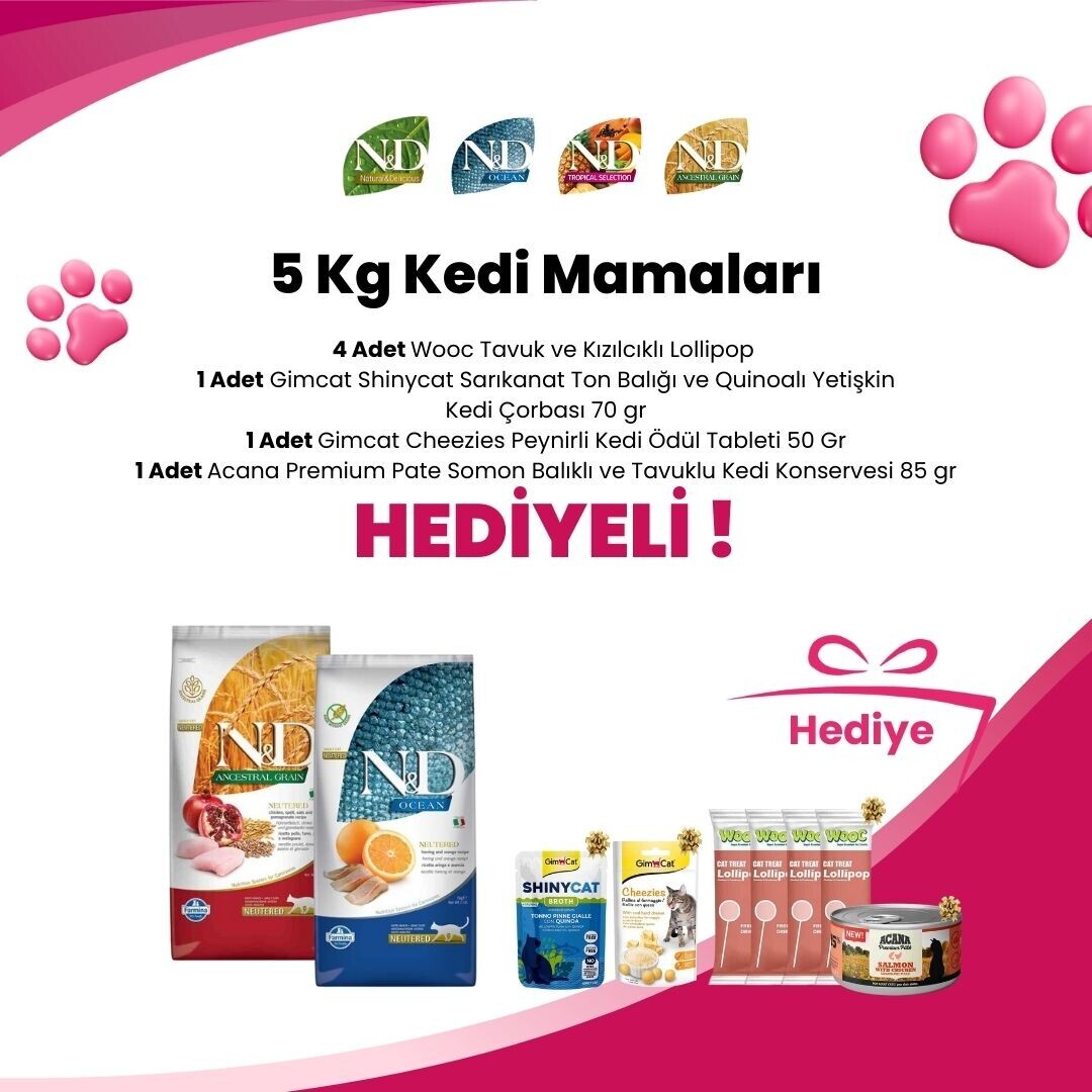 N&D 5 Kg Kedi Mamalarına Supreme Cat Kıyılmış Tavuk ve Ton Balıklı Kedi Konservesi 85 gr ve Supreme Cat Kıyılmış Tavuk ve Uskumru Kedi Konservesi 85 gr Hediye
