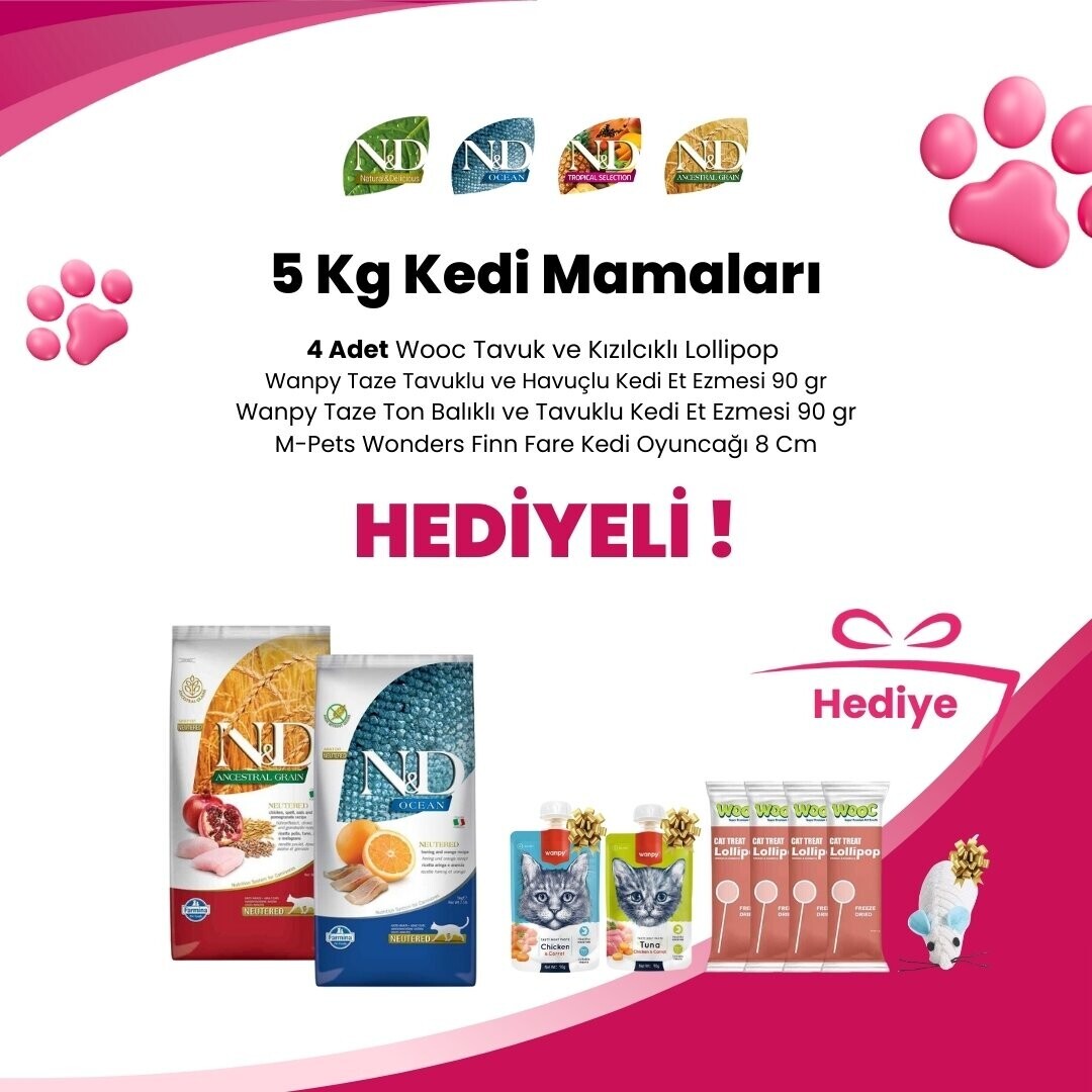 N&D 5 Kg Kedi Mamalarına Supreme Cat Kıyılmış Tavuk ve Ton Balıklı Kedi Konservesi 85 gr ve Supreme Cat Kıyılmış Tavuk ve Uskumru Kedi Konservesi 85 gr Hediye