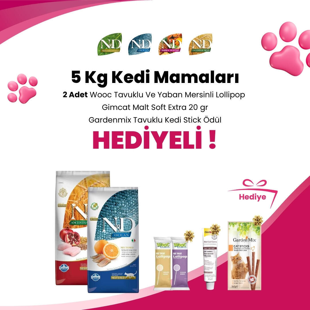 N&D 5 Kg Kedi Mamalarına Wooc Tavuklu Lollipop Kedi Ödül Maması, Wooc Tavuk ve Yaban Mersinli Lollipop Kedi Ödül Maması, Gimcat Malt Soft Extra 20 gr ve Gardenmix Tavuklu Kedi Stick Ödül 3*5gr Hediye