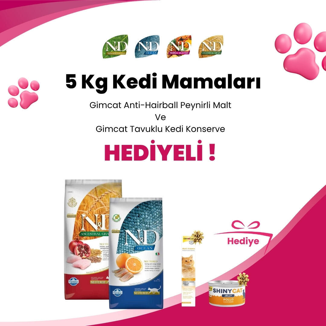 N&D 5 Kg Kedi Mamalarına Gimcat Shinycat Sos İçinde Jelly Tavuklu Kedi Konserve Maması 70 Gr ve Gimcat Anti-Hairball Duo Paste Peynirli Malt 50 gr Hediye