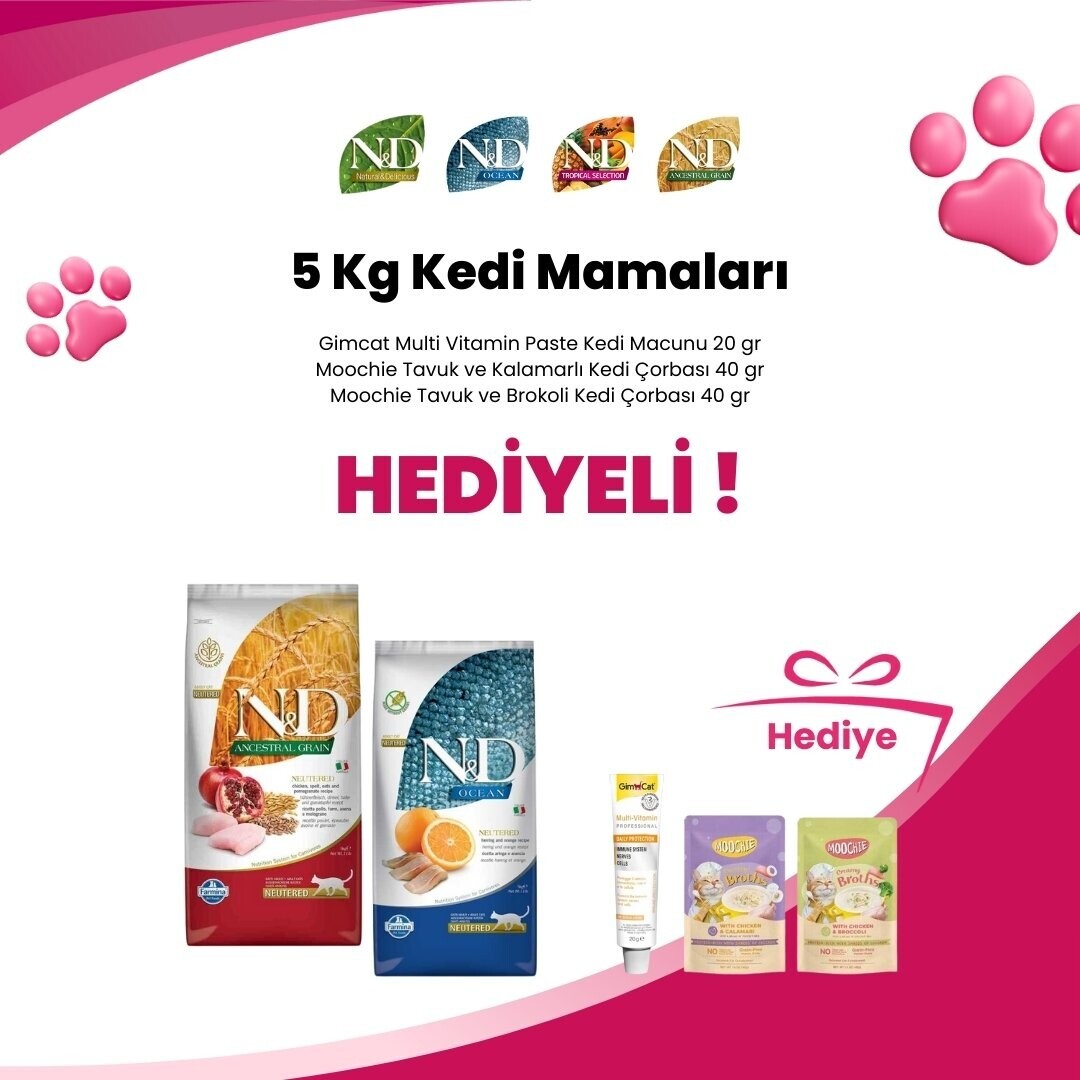 N&D 5 Kg Kedi Mamalarına Supreme Cat Kıyılmış Tavuk ve Ton Balıklı Kedi Konservesi 85 gr ve Supreme Cat Kıyılmış Tavuk ve Uskumru Kedi Konservesi 85 gr Hediye