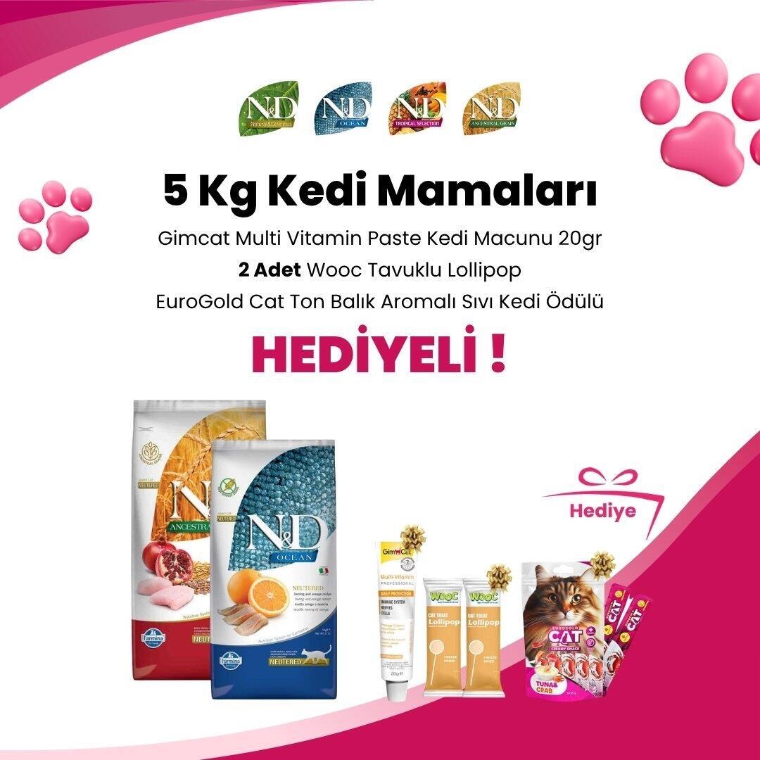 N&D 5 Kg Kedi Mamalarına Wooc Tavuklu Lollipop Kedi Ödül Maması, Wooc Tavuk ve Yaban Mersinli Lollipop Kedi Ödül Maması, Gimcat Malt Soft Extra 20 gr ve Gardenmix Tavuklu Kedi Stick Ödül 3*5gr Hediye