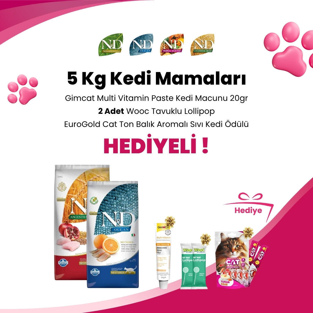 N&D 5 Kg Kedi Mamalarına Wooc Tavuklu Lollipop Kedi Ödül Maması, Wooc Tavuk ve Yaban Mersinli Lollipop Kedi Ödül Maması, Gimcat Malt Soft Extra 20 gr ve Gardenmix Tavuklu Kedi Stick Ödül 3*5gr Hediye