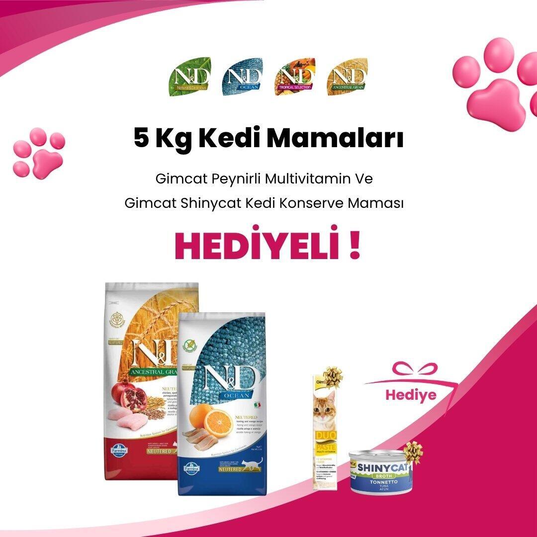 N&D 5 Kg Kedi Mamalarına Gimcat Duo Peynirli Multivitamin 50 gr ve Gimcat Shinycat Sos İçinde Ton Balığı Kedi Konserve Maması 70 Gr Hediye