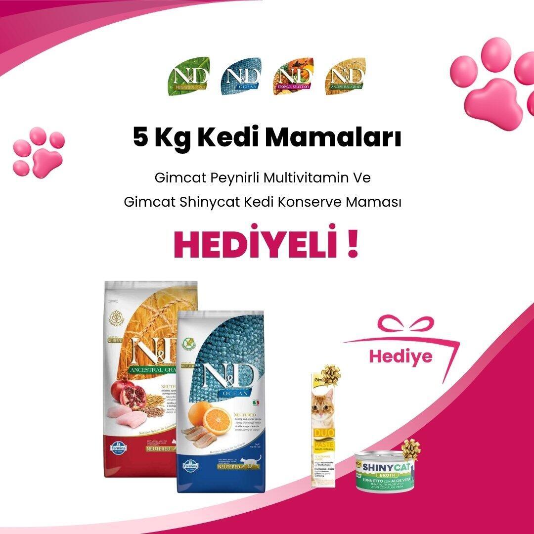 N&D 5 Kg Kedi Mamalarına Gimcat Duo Peynirli Multivitamin 50 gr ve Gimcat Shinycat Sos İçinde Aloe Veralı Ton Balığı Kedi Konserve Maması 70 Gr Hediye