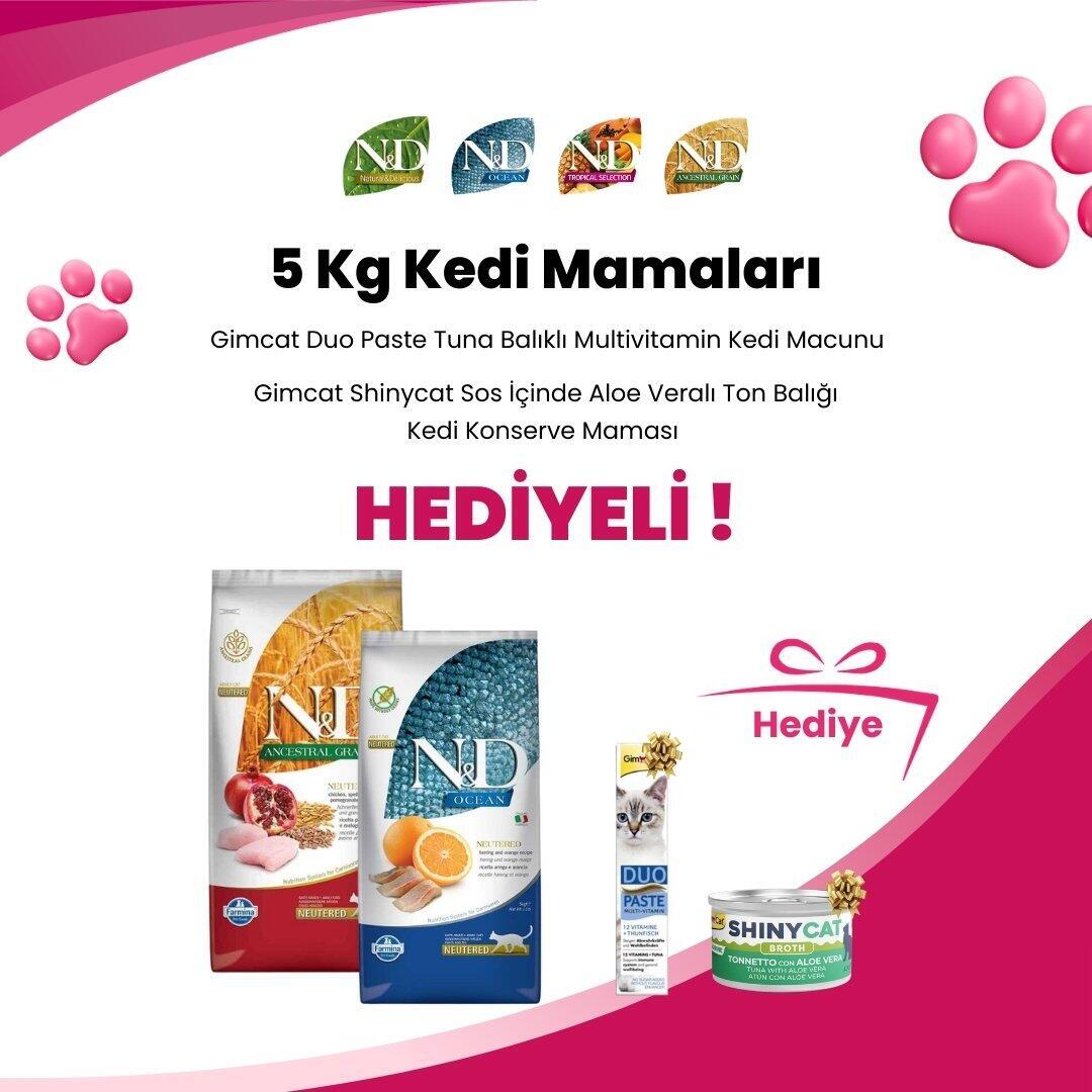 N&D 5 Kg Kedi Mamalarına Gimcat Duo Paste Tuna Balıklı Multivitamin Kedi Macunu 50 gr ve Gimcat Shinycat Sos İçinde Aloe Veralı Ton Balığı Kedi Konserve Maması 70 Gr Hediye