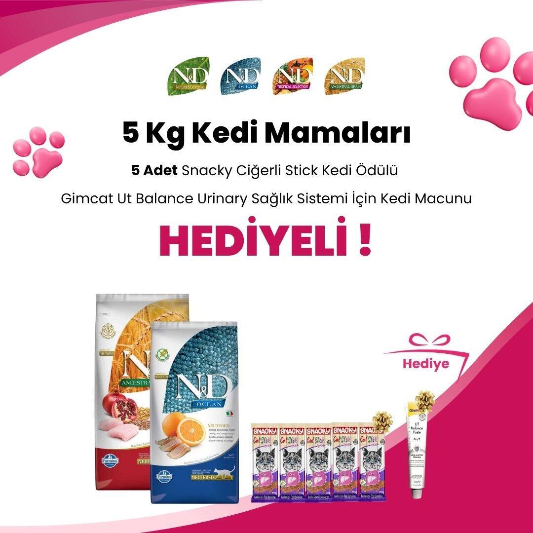 N&D 5 Kg Kedi Mamalarına 5 Adet Snacky Ciğerli Stick Kedi Ödülü 3 X 5 Gr ve Gimcat Ut Balance Urinary Sağlık Sistemi İçin Kedi Macunu 50 gr Hediye