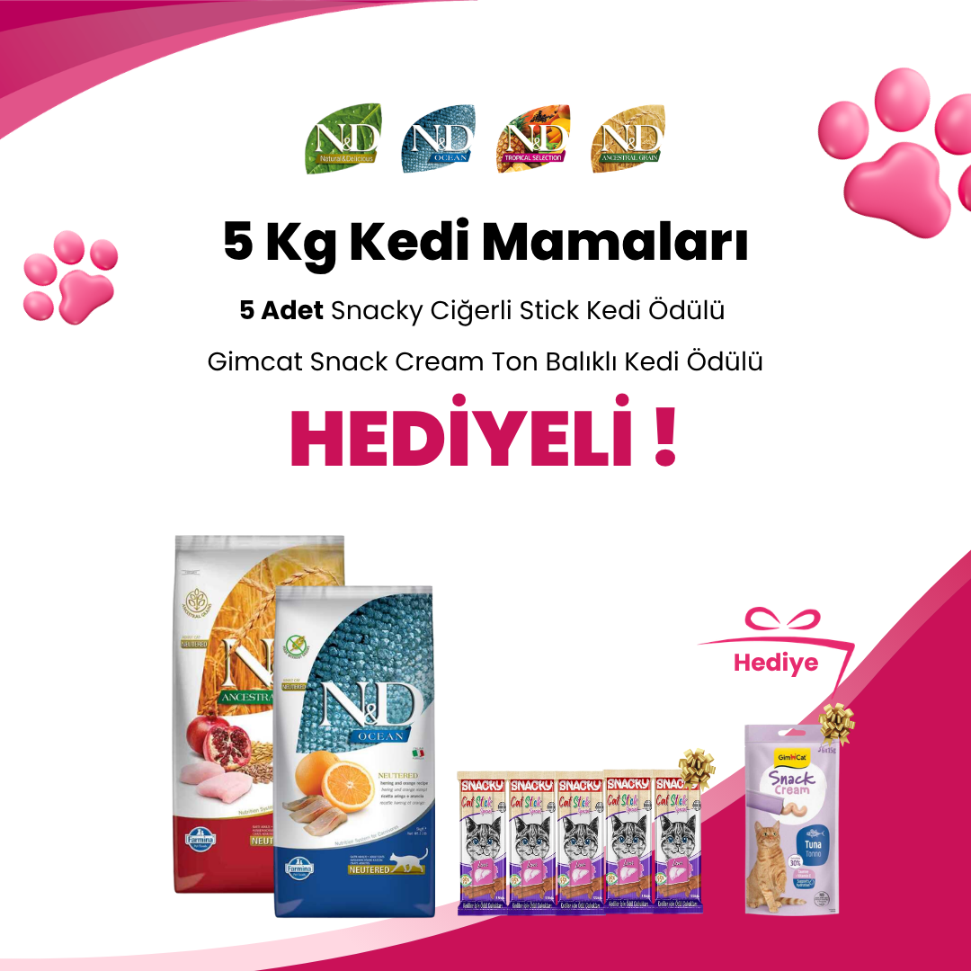 N&D 5 Kg Kedi Mamalarına 5 Adet Snacky Ciğerli Stick Kedi Ödülü 3 X 5 Gr ve Gimcat Ut Balance Urinary Sağlık Sistemi İçin Kedi Macunu 50 gr Hediye