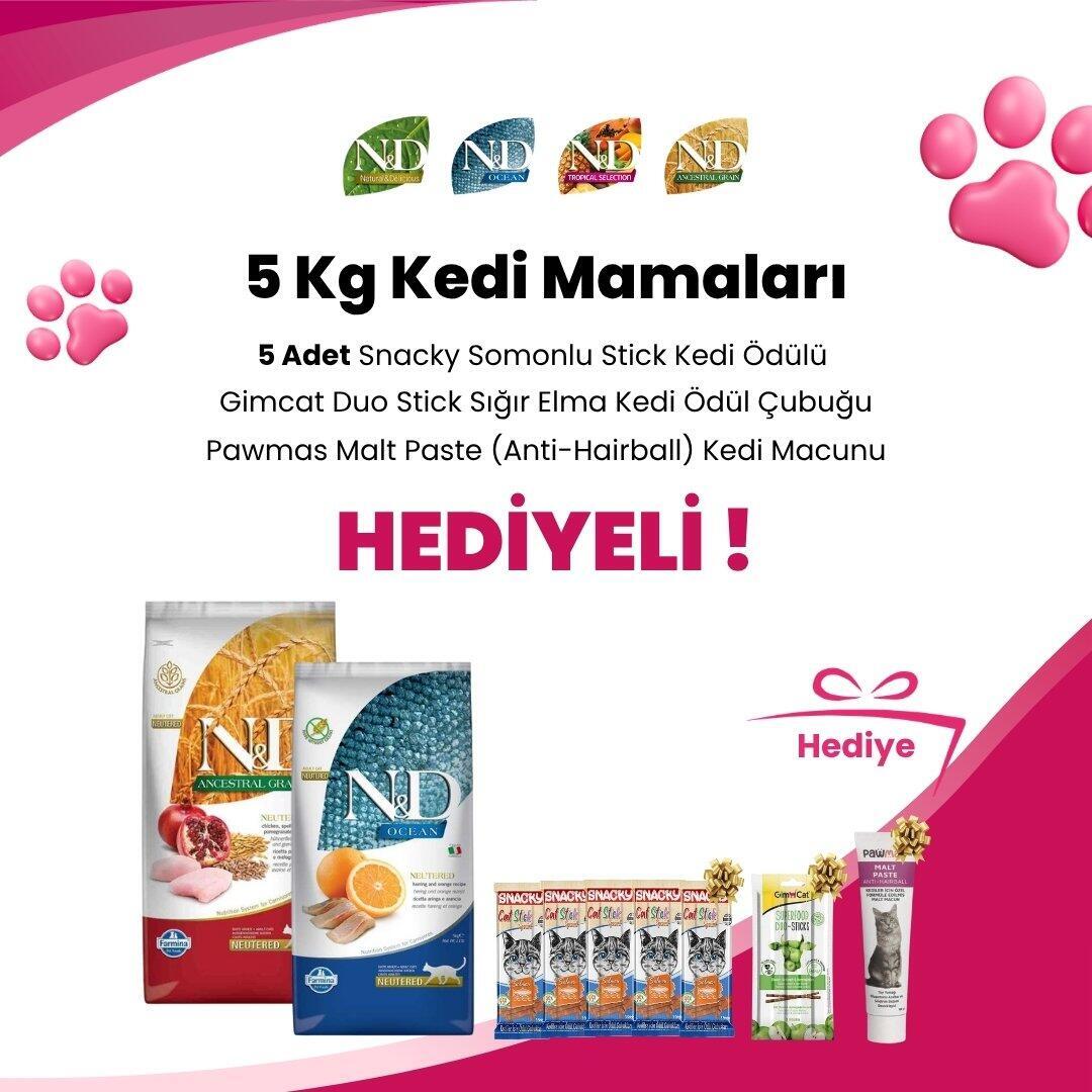 N&D 5 Kg Kedi Mamalarına Pawmas Malt Paste (Anti-Hairball) Kedi Macunu 100 Gr, 5 Adet Snacky Somonlu Stick Kedi Ödülü ve Gimcat Duo Stick Sığır Elma Kedi Ödül Çubuğu Hediye