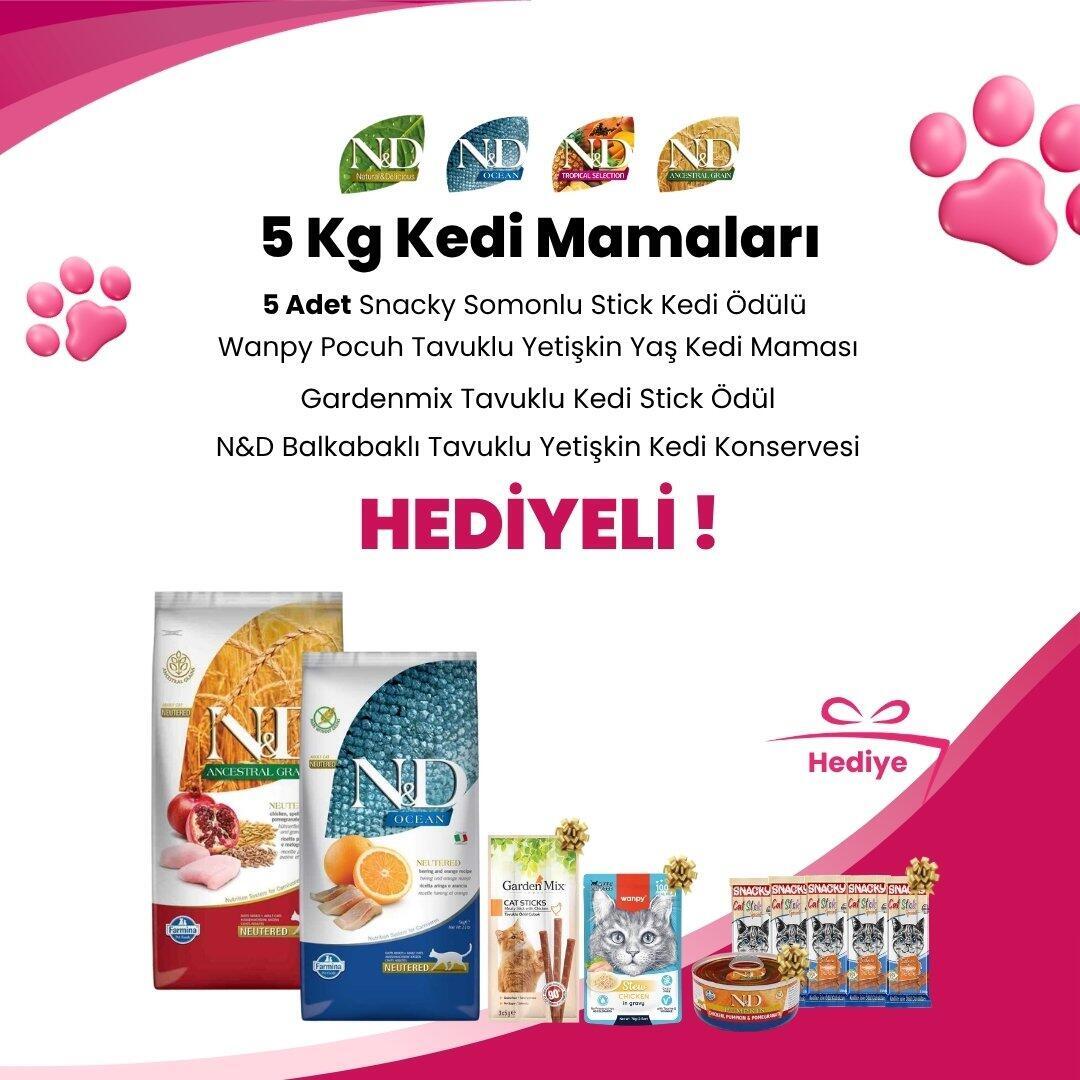 N&D 5 Kg Kedi Mamalarına 5 Adet Snacky Somonlu Stick Kedi Ödülü, Wanpy Stew Gravy Pocuh Tavuklu Yetişkin Yaş Kedi Maması 70 gr, Gardenmix Tavuklu Kedi Stick Ödül, N&D Balkabaklı Tahılsız Tavuklu ve Narlı Yetişkin Kedi Konservesi 70 gr Hediye