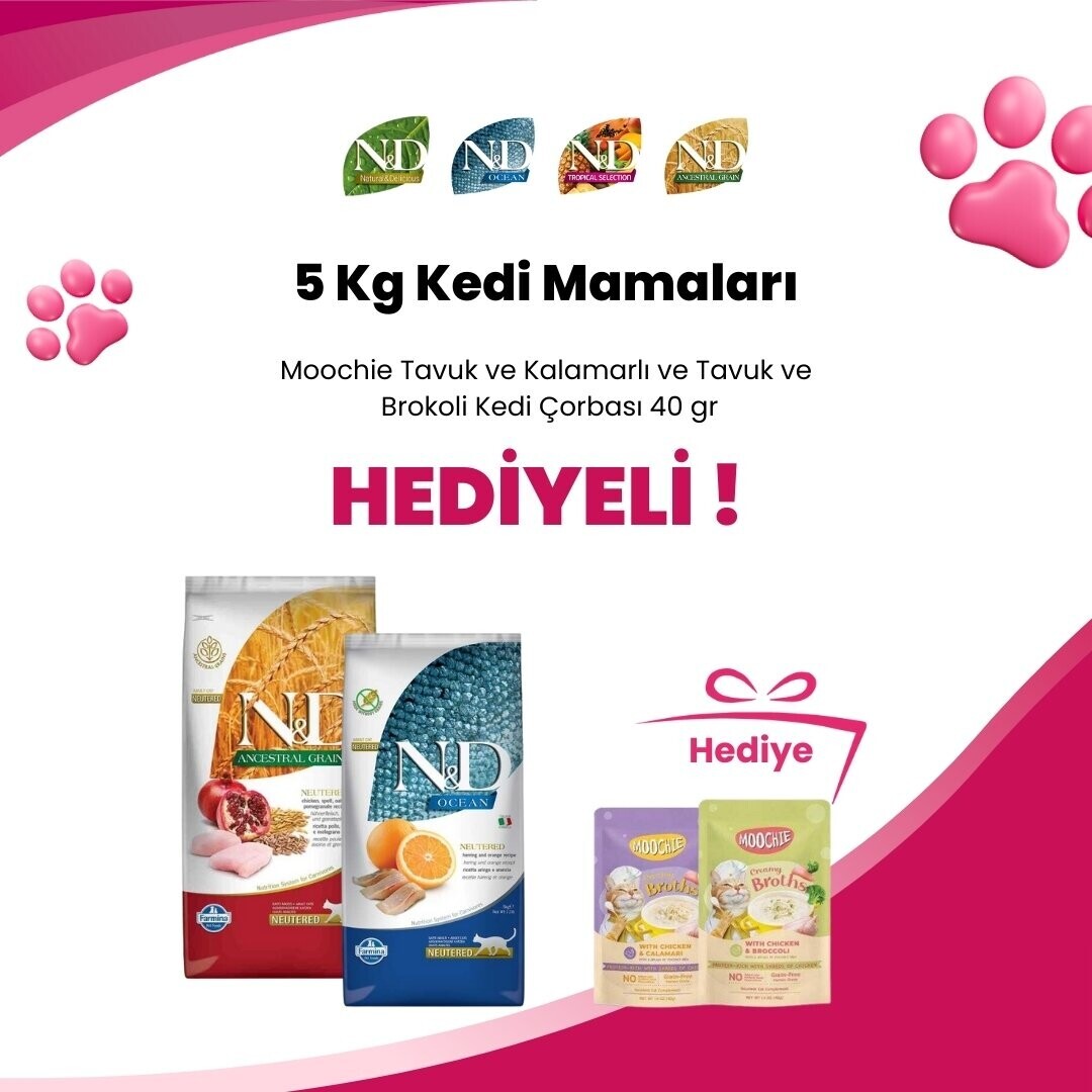 N&D 5 Kg Kedi Mamalarına Moochie Kalamarlı ve Brokoli Kedi Çorbası 40 gr Hediye