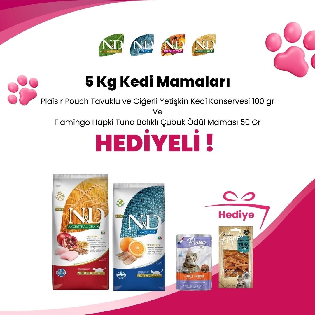 N&D 5 Kg Kedi Mamalarına Plaisir Pouch Tavuklu ve Ciğerli Yetişkin Kedi Konservesi 100 gr ve Flamingo Hapki Tuna Balıklı Çubuk Ödül Maması 50 Gr Hediye