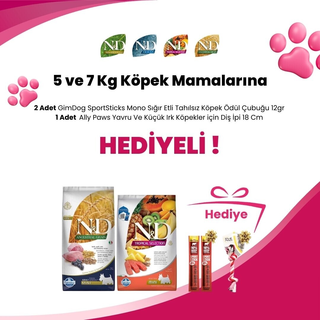 N&D 5 ve 7 Kg Köpek Mamalarına 2 Adet GimDog SportSticks Mono Sığır Etli Tahılsız Köpek Ödül Çubuğu 12gr ve Ally Paws Yavru Ve Küçük Irk Köpekler için Diş İpi 18 Cm Hediye