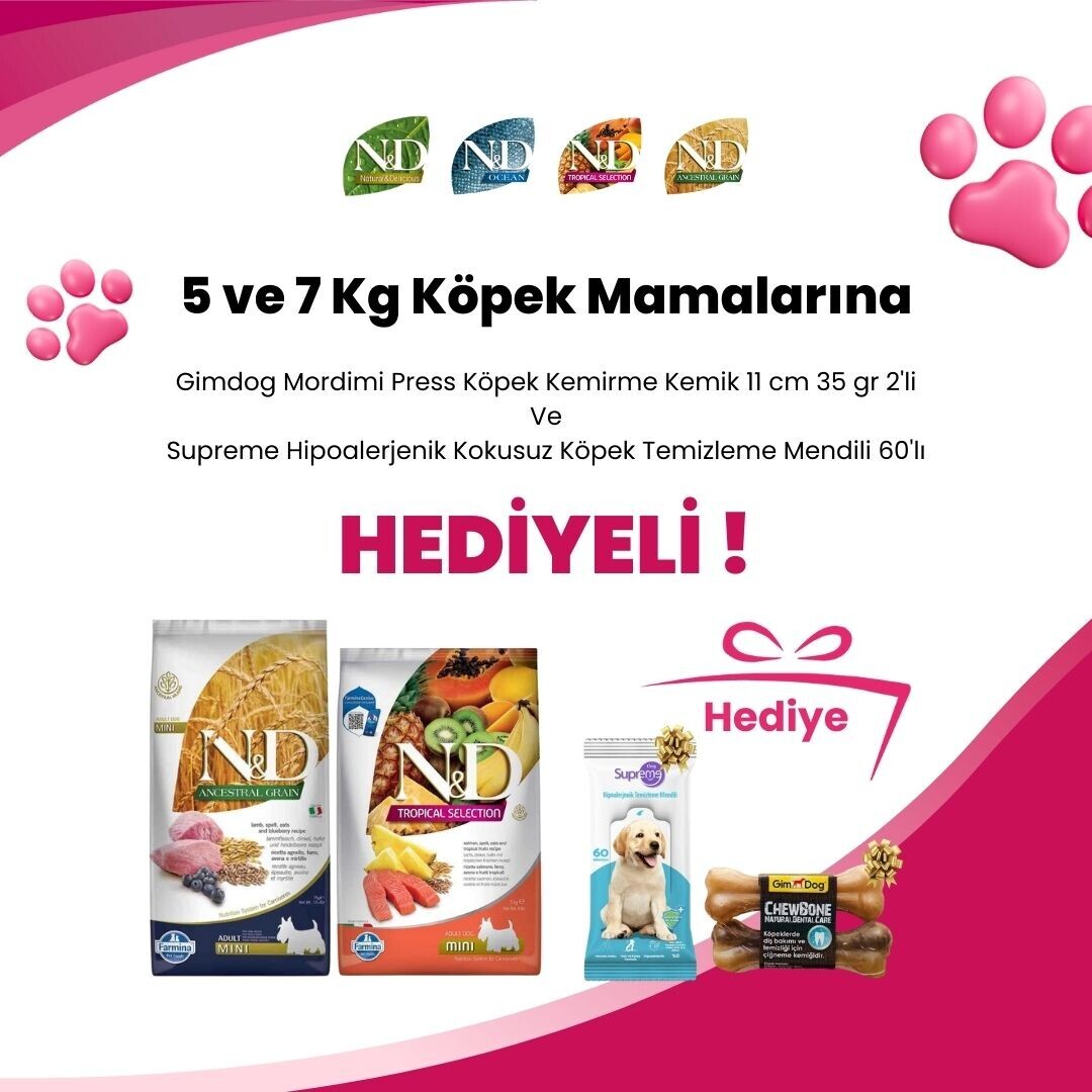 N&D 5 ve 7 Kg Köpek Mamalarına Gimdog Mordimi Press Köpek Kemirme Kemik 11 cm 35 gr 2'li ve Supreme Hipoalerjenik Kokusuz Köpek Temizleme Mendili 60'lı Hediye