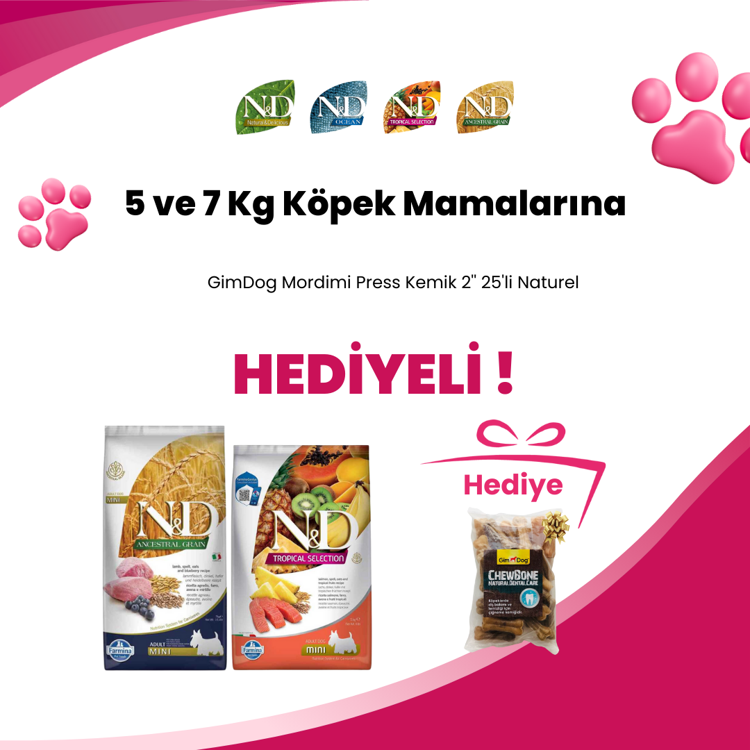 N&D 5 ve 7 Kg Köpek Mamalarına Gimdog Mordimi Press Köpek Kemirme Kemik 11 cm 35 gr 2'li ve Supreme Hipoalerjenik Kokusuz Köpek Temizleme Mendili 60'lı Hediye