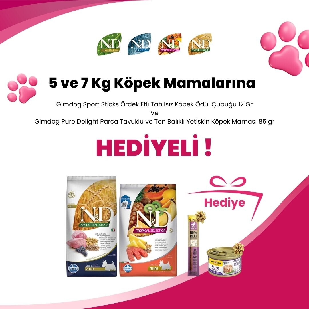 N&D 5 ve 7 Kg Köpek Mamalarına Gimdog Sport Sticks Ördek Etli Tahılsız Köpek Ödül Çubuğu 12 Gr ve Gimdog Pure Delight Parça Tavuklu ve Ton Balıklı Yetişkin Köpek Maması 85 gr Hediye
