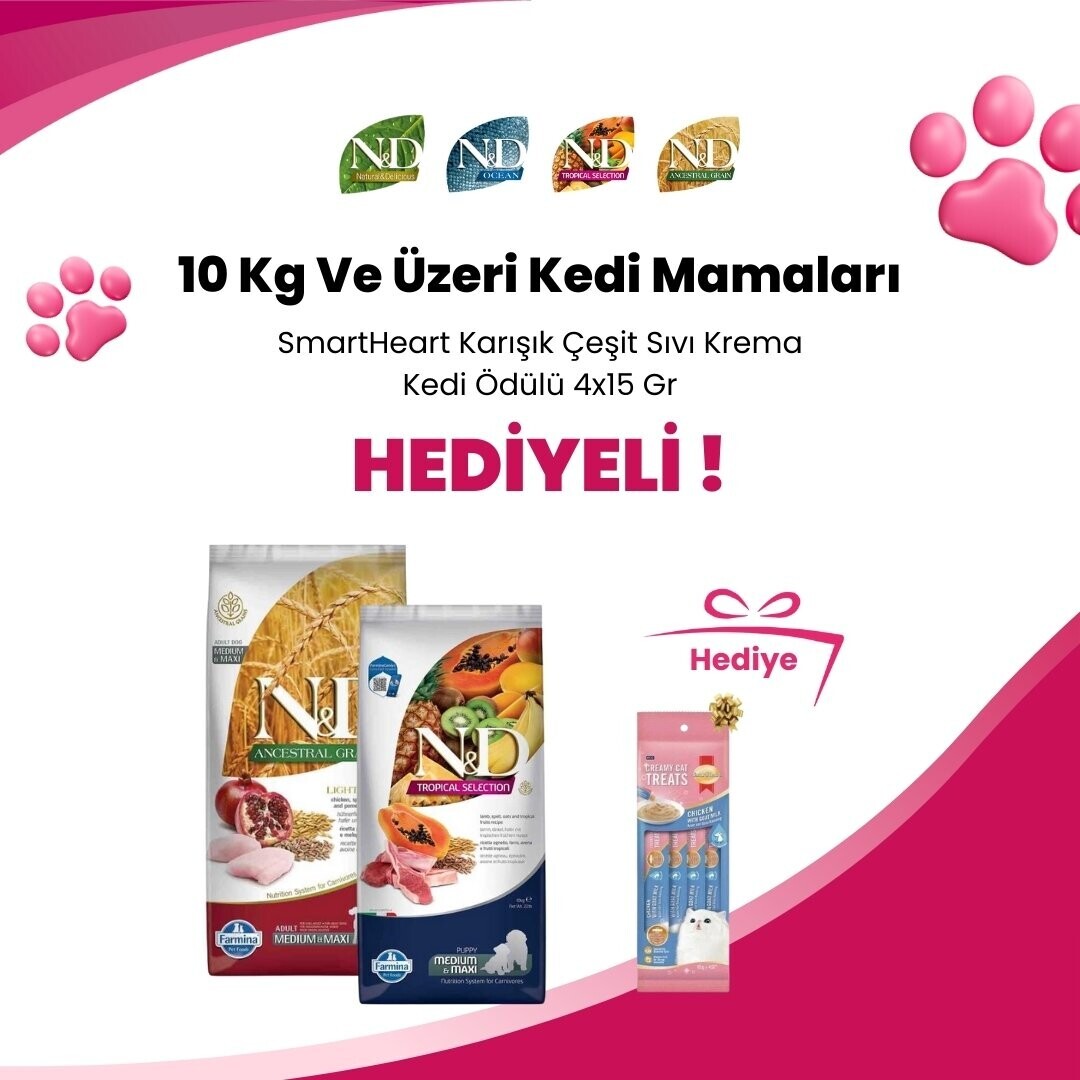 N&D 10 Kg Kedi Mamalarına 1 Adet SmartHeart Karışık Çeşit Sıvı Krema Kedi Ödülü 4x15 Gr Hediye