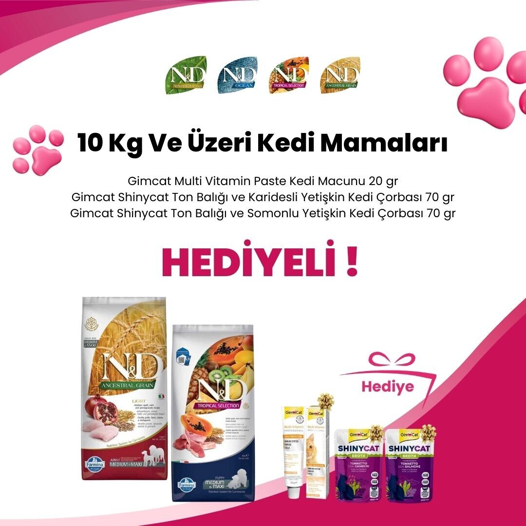 N&D 10 Kg Kedi Mamalarına 1 Adet SmartHeart Karışık Çeşit Sıvı Krema Kedi Ödülü 4x15 Gr Hediye