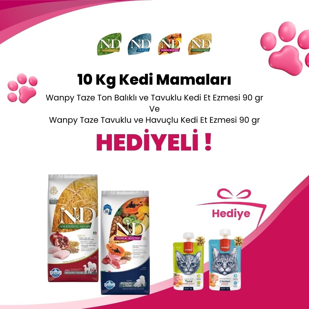 N&D 10 Kg Kedi Mamalarına 1 Adet SmartHeart Karışık Çeşit Sıvı Krema Kedi Ödülü 4x15 Gr Hediye