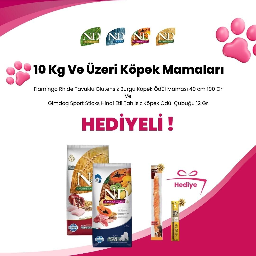 N&D 10 Kg ve Üzeri Köpek Mamalarına Flamingo Rhide Tavuklu Glutensiz Burgu Köpek Ödül Maması 40 cm 190 Gr ve Gimdog Sport Sticks Hindi Etli Tahılsız Köpek Ödül Çubuğu 12 Gr Hediye