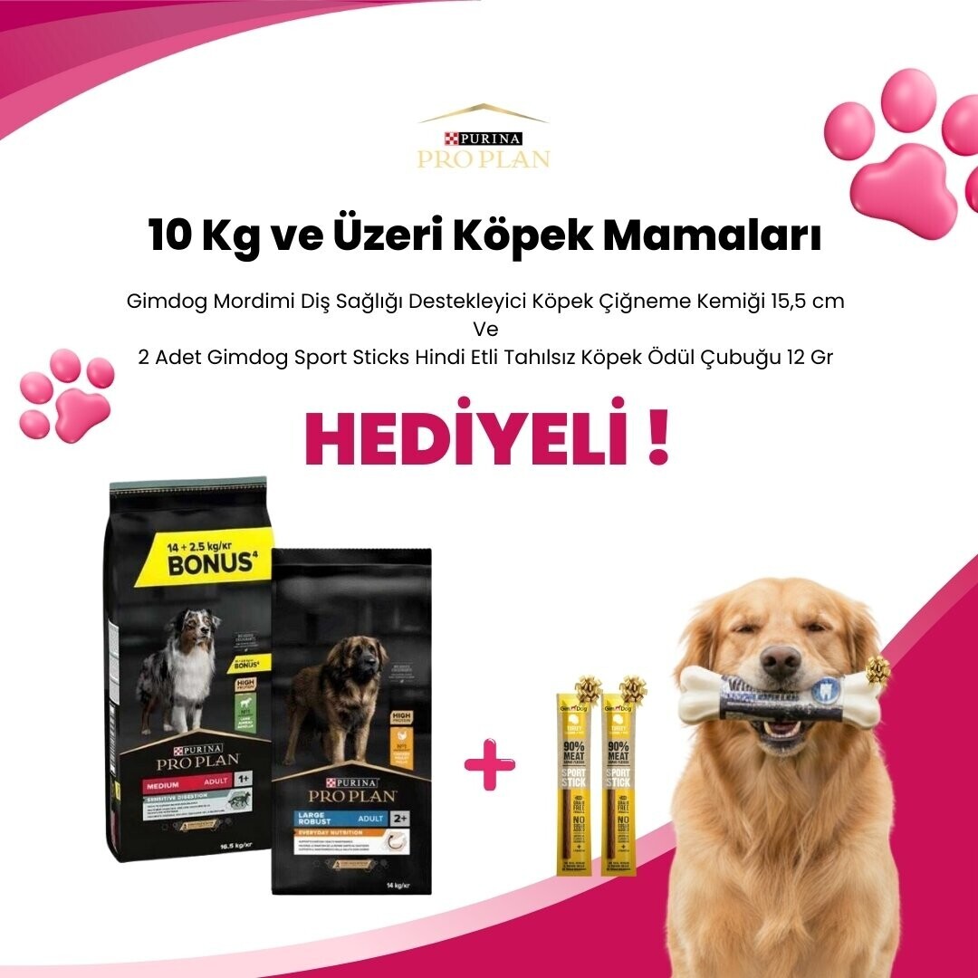 Pro Plan 10 Kg ve Üzeri Köpek Mamalarına 1 Adet Gimdog Mordimi Diş Sağlığı Destekleyici Köpek Çiğneme Kemiği 15,5 cm ve 2 Adet Gimdog Sport Sticks Hindi Etli Tahılsız Köpek Ödül Çubuğu 12 Gr Hediye