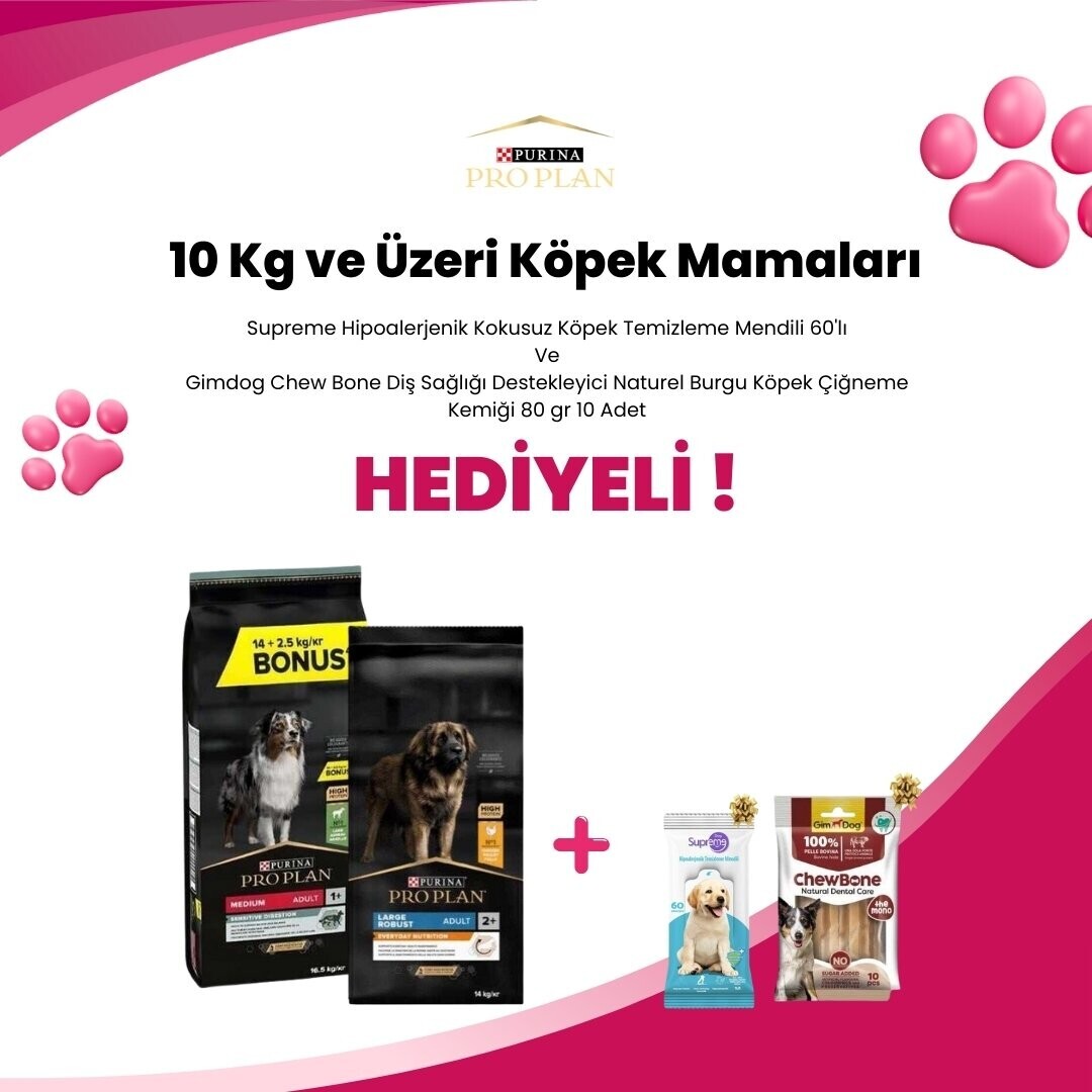 Pro Plan 10 Kg ve Üzeri Köpek Mamalarına 1 Adet Gimdog Mordimi Diş Sağlığı Destekleyici Köpek Çiğneme Kemiği 15,5 cm ve 2 Adet Gimdog Sport Sticks Hindi Etli Tahılsız Köpek Ödül Çubuğu 12 Gr Hediye