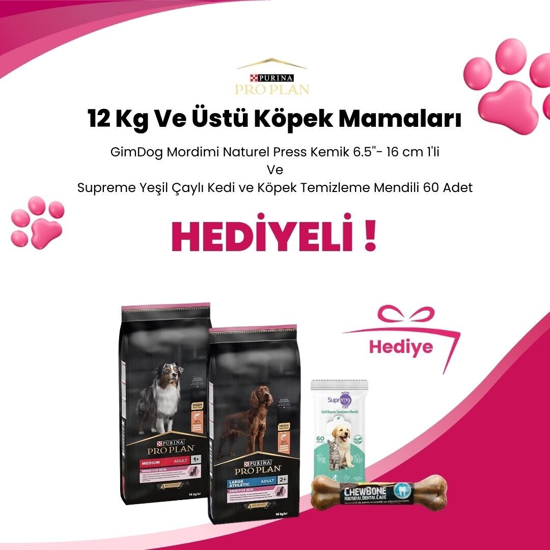 Pro Plan 12 Kg ve Üzeri Köpek Mamalarına GimDog Mordimi Naturel Press Kemik 6.5''- 16 cm 1'li ve Supreme Yeşil Çaylı Kedi ve Köpek Temizleme Mendili 60 Adet Hediye