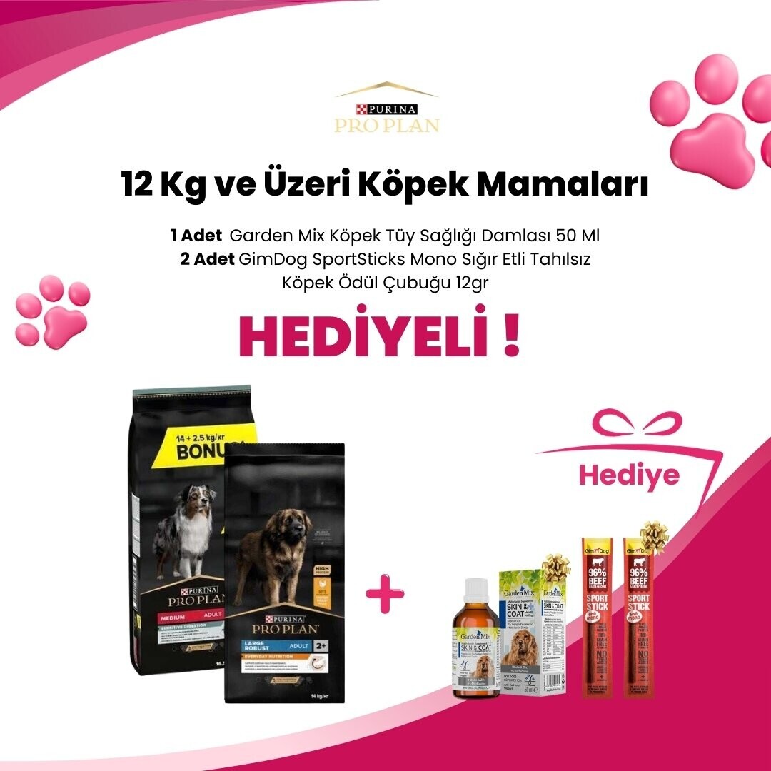 Pro Plan 12 Kg ve Üzeri Köpek Mamalarına 2 Adet GimDog SportSticks Mono Sığır Etli Tahılsız Köpek Ödül Çubuğu 12gr ve Garden Mix Köpek Tüy Sağlığı Damlası 50 Ml Hediye