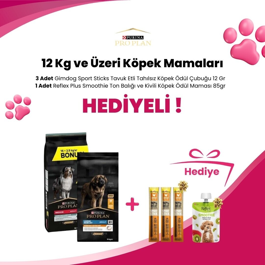 Pro Plan 12 Kg ve üzeri Köpek Mamalarına 3 Adet Gimdog Sport Sticks Tavuk Etli Tahılsız Köpek Ödül Çubuğu 12 Gr ve Reflex Plus Smoothie Ton Balığı ve Kivili Köpek Ödül Maması 85gr Hediye
