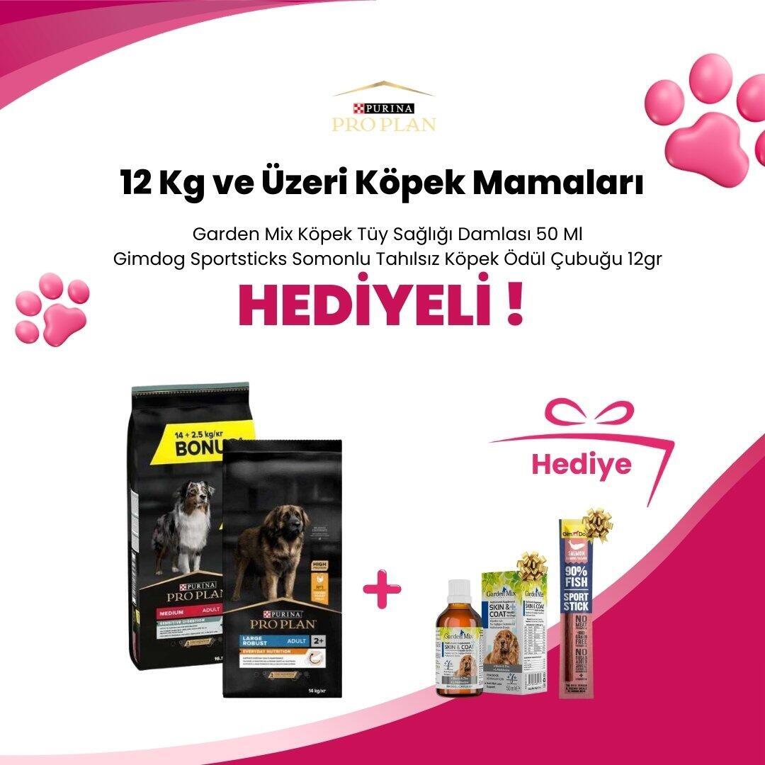 Pro Plan 12 Kg ve Üzeri Köpek Mamalarına 2 Adet GimDog SportSticks Mono Sığır Etli Tahılsız Köpek Ödül Çubuğu 12gr ve Garden Mix Köpek Tüy Sağlığı Damlası 50 Ml Hediye