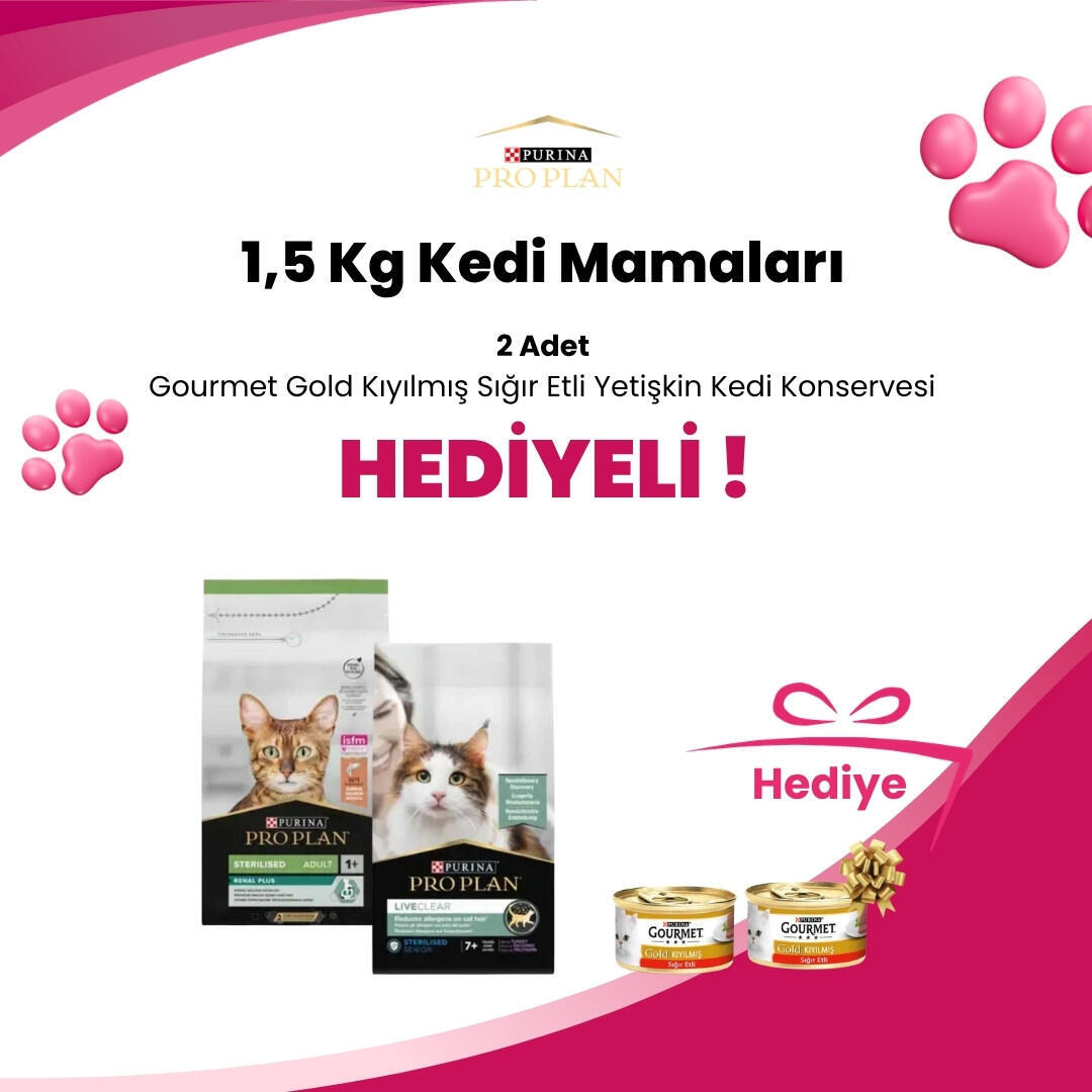 Pro Plan 1,5 Kg Kedi Mamalarına 2 Adet Gourmet Gold Kıyılmış Sığır Etli Yetişkin Kedi Konservesi 85 gr Hediye 