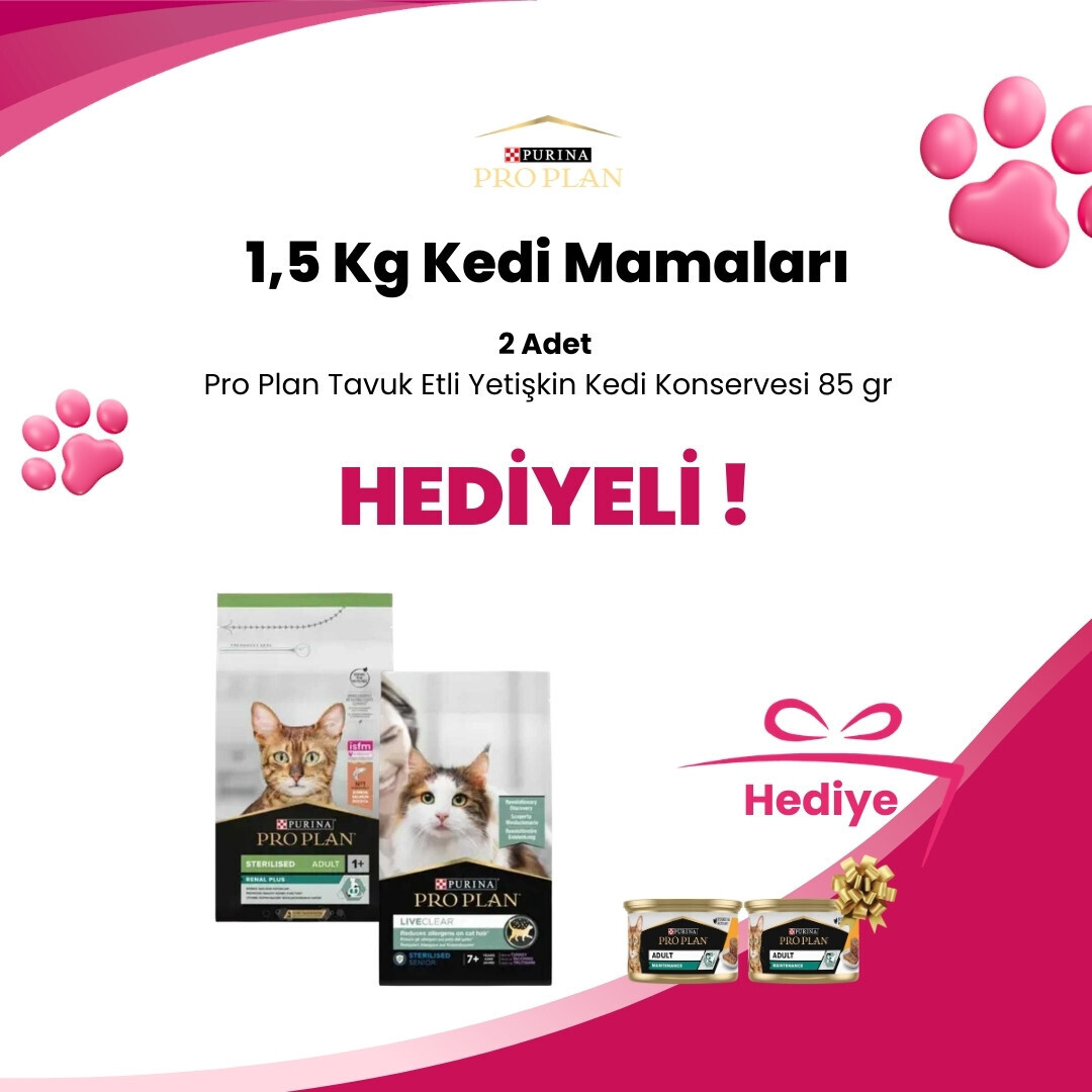 Pro Plan 1,5 Kg ve Üzeri Kedi Mamalarına Pro Plan Tavuk Etli Yetişkin Kedi Konservesi 85 gr 2 Adet Hediye