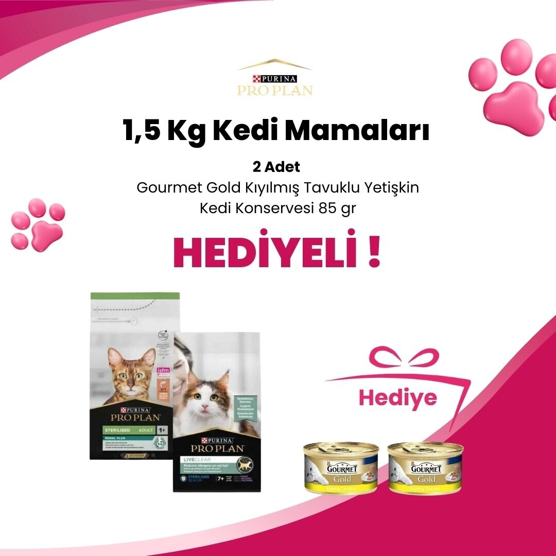 Pro Plan 1,5 Kg Kedi Mamalarına Supreme Cat Kıyılmış Tavuk ve Ton Balıklı Kedi Konservesi 85 gr ve Supreme Cat Kıyılmış Tavuk ve Uskumru Kedi Konservesi 85 gr Hediye