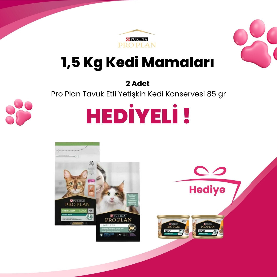 Pro Plan 1,5 Kg Kedi Mamalarına Supreme Cat Kıyılmış Tavuk ve Ton Balıklı Kedi Konservesi 85 gr ve Supreme Cat Kıyılmış Tavuk ve Uskumru Kedi Konservesi 85 gr Hediye