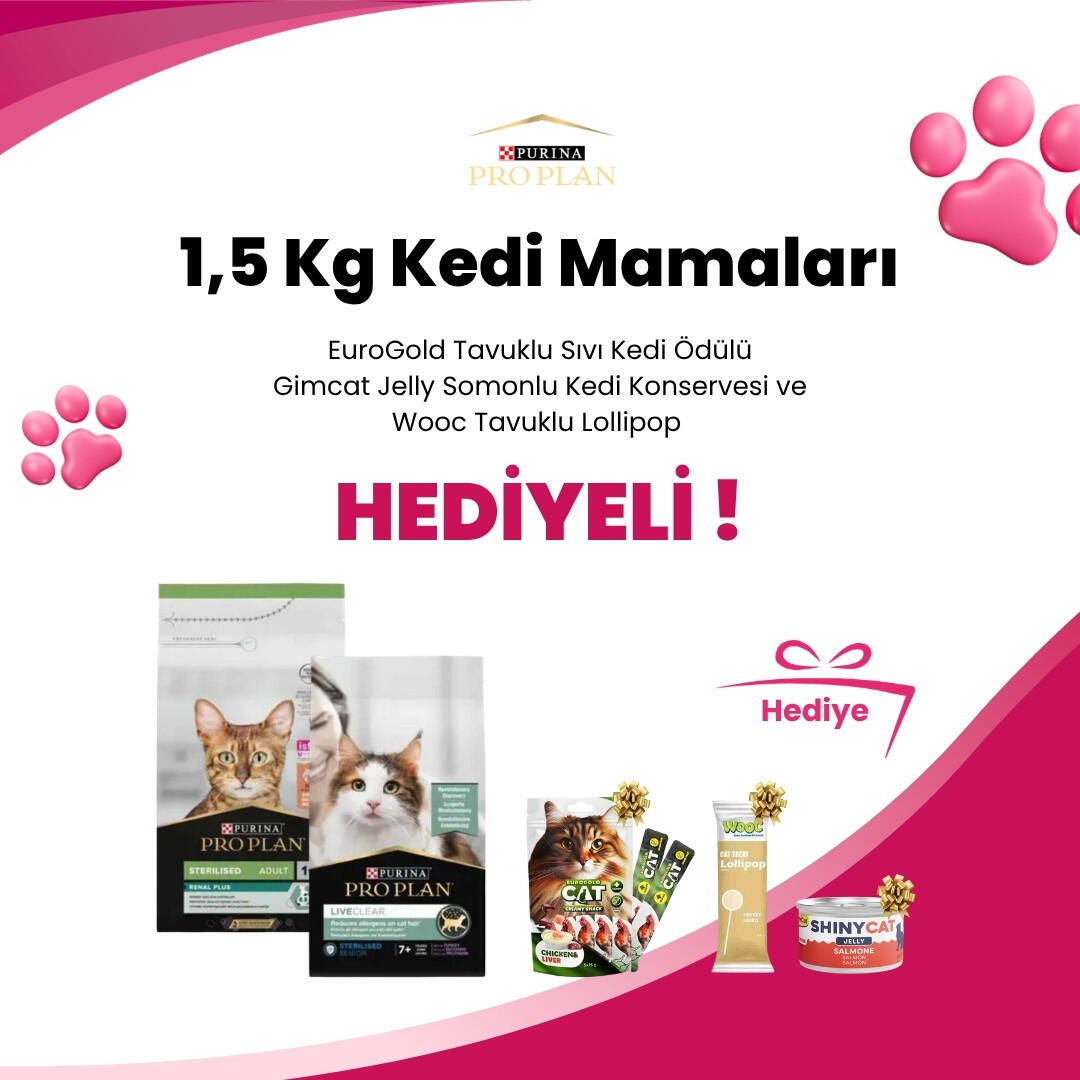 Pro Plan 1,5 Kg Kedi Mamalarına Wooc Tavuklu Lollipop Kedi Ödül Maması, EuroGold Cat Tavuk ve Ciğerli Sıvı Kedi Ödülü 5x15Gr ve Gimcat Shinycat Sos İçinde Jelly Somonlu Kedi Konserve Maması 70 Gr Hediye