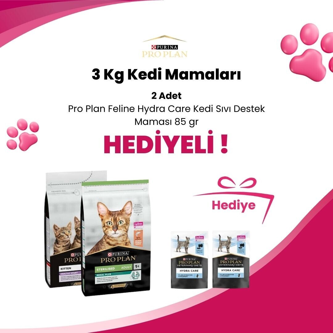 Pro Plan 3 Kg Kedi Mamalarına 2 Adet Pro Plan Feline Hydra Care Kedi Sıvı Destek Maması 85 gr Hediye