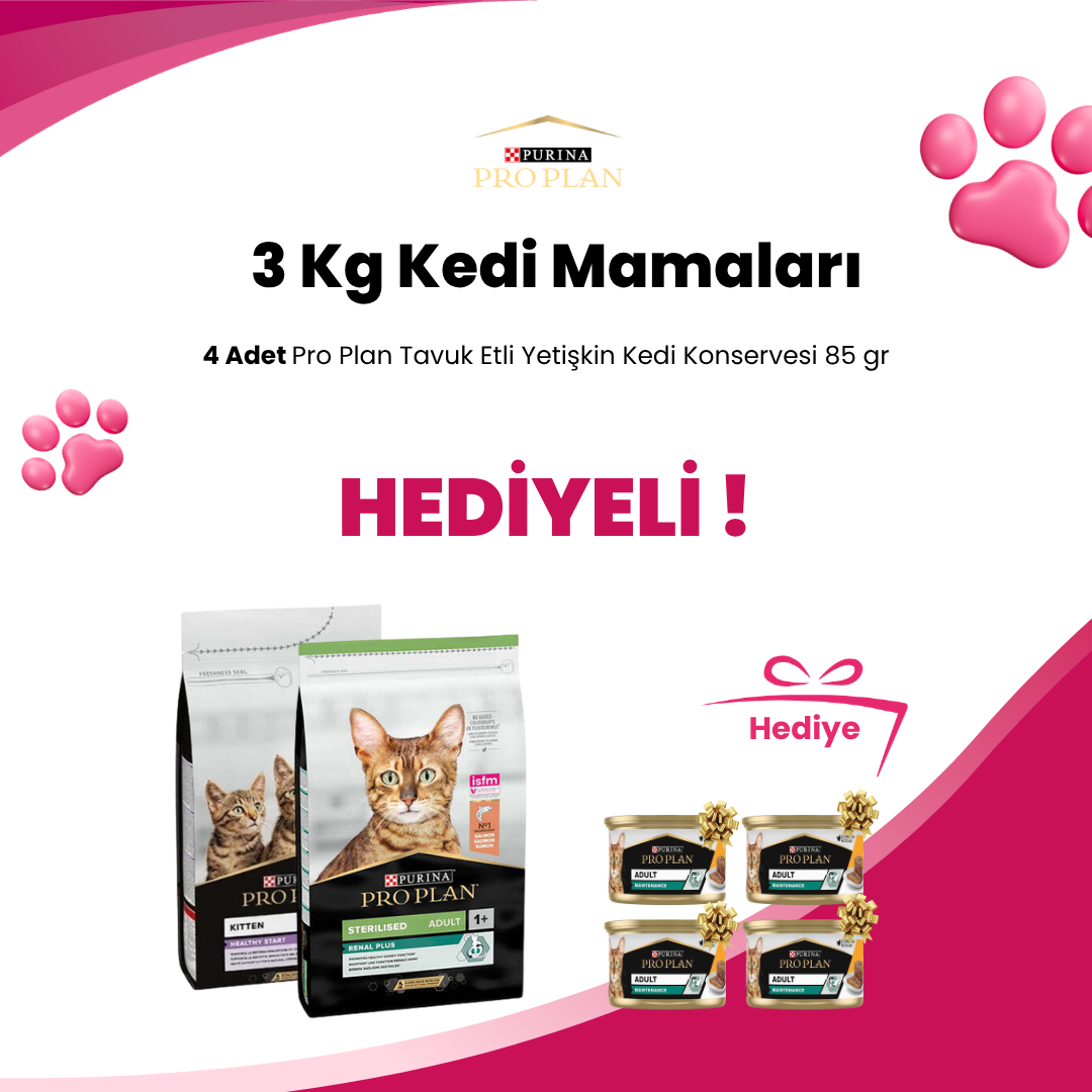 Pro Plan 3 Kg Kedi Mamalarına 4 Adet Pro Plan Tavuk Etli Yetişkin Kedi Konservesi 85 gr Hediye