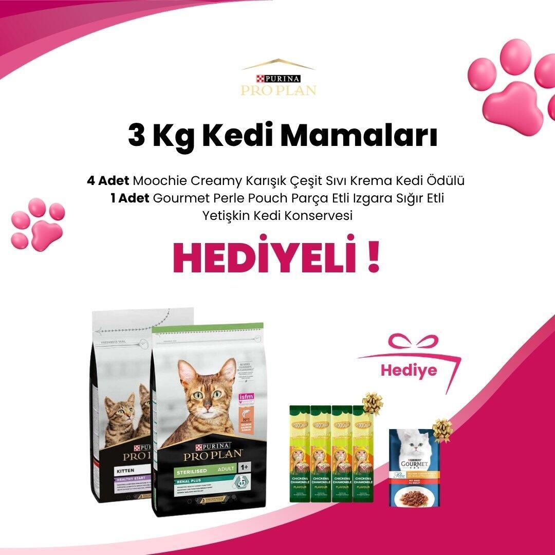 Pro Plan 3 Kg Kedi Mamalarına 4 Adet Moochie Creamy Karışık Çeşit Sıvı Krema Kedi Ödülü ve Gourmet Perle Pouch Parça Etli Izgara Sığır Etli Yetişkin Kedi Konservesi 85 gr Hediye