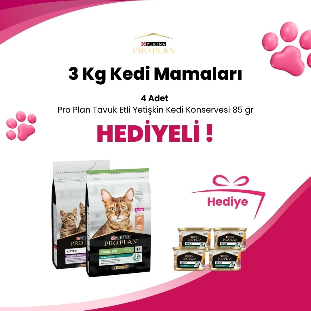 Pro Plan 3 Kg Kedi Mamalarına 2 Adet Pro Plan Feline Hydra Care Kedi Sıvı Destek Maması 85 gr Hediye