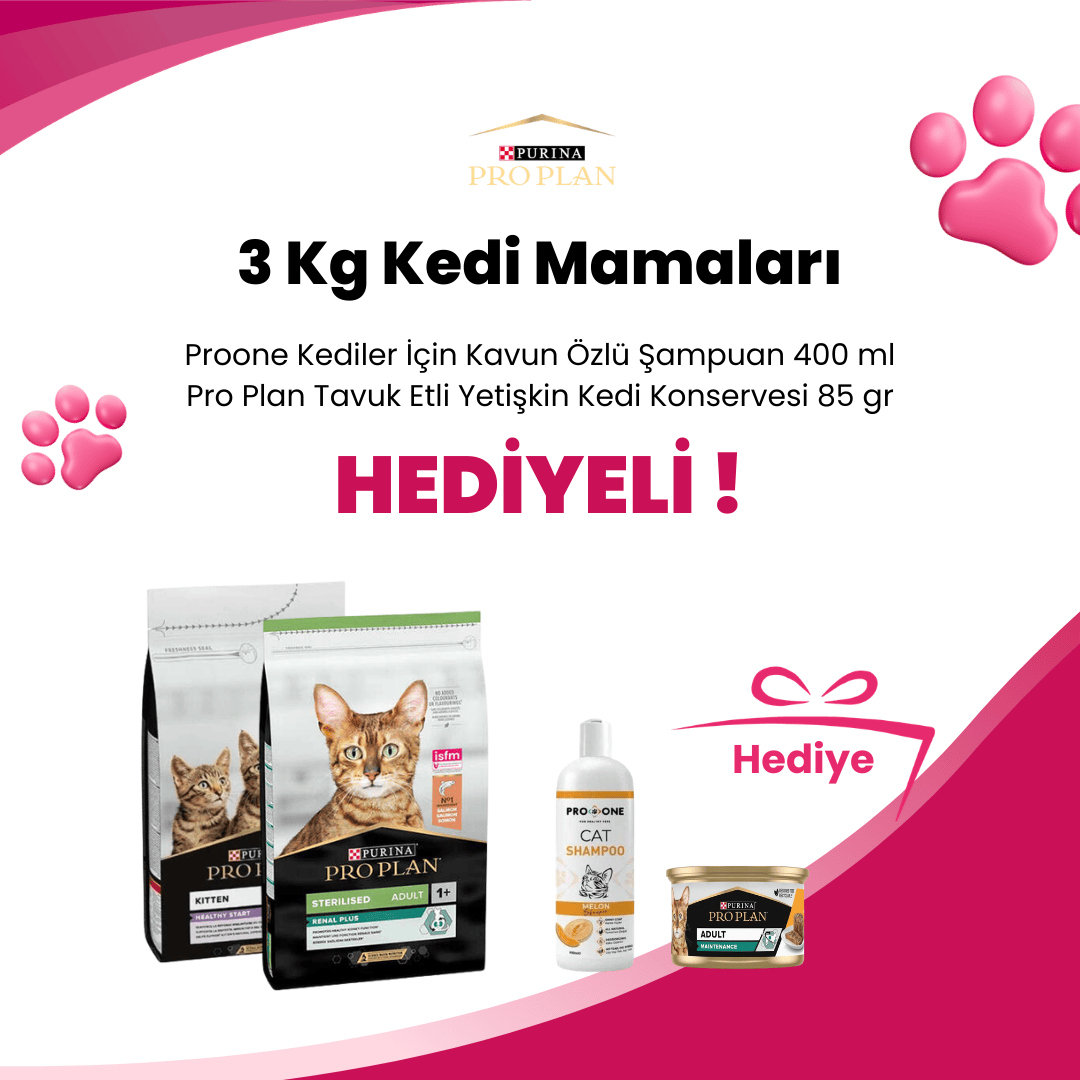 Pro Plan 3 Kg Kedi Mamalarına Pro Plan Tavuk Etli Yetişkin Kedi Konservesi 85 gr ve Proone Kediler İçin Kavun Özlü Şampuan 400 ml Hediye