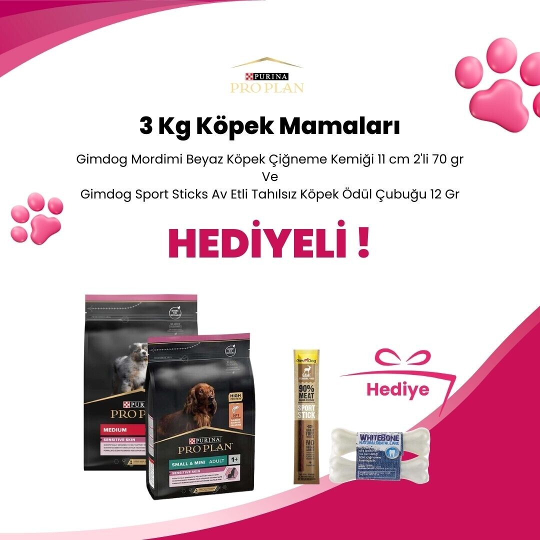Pro Plan 3 Kg Köpek Mamalarına Gimdog Mordimi Beyaz Köpek Çiğneme Kemiği 11 cm 2'li 70 gr ve Gimdog Sport Sticks Av Etli Tahılsız Köpek Ödül Çubuğu 12 Gr Hediye