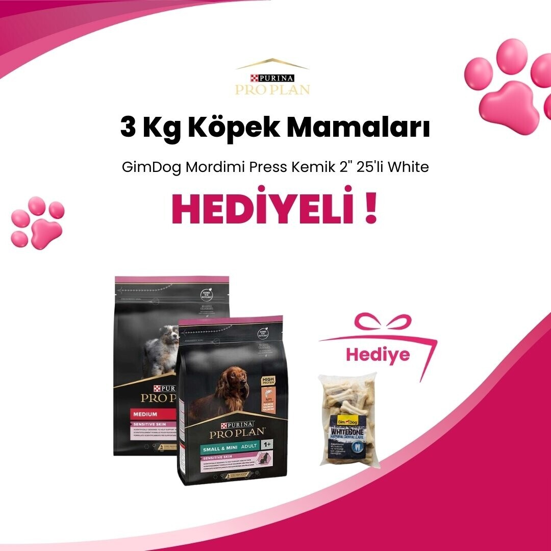 Pro Plan 3 Kg Köpek Mamalarına Gimdog Mordimi Beyaz Köpek Çiğneme Kemiği 11 cm 2'li 70 gr ve Gimdog Sport Sticks Av Etli Tahılsız Köpek Ödül Çubuğu 12 Gr Hediye
